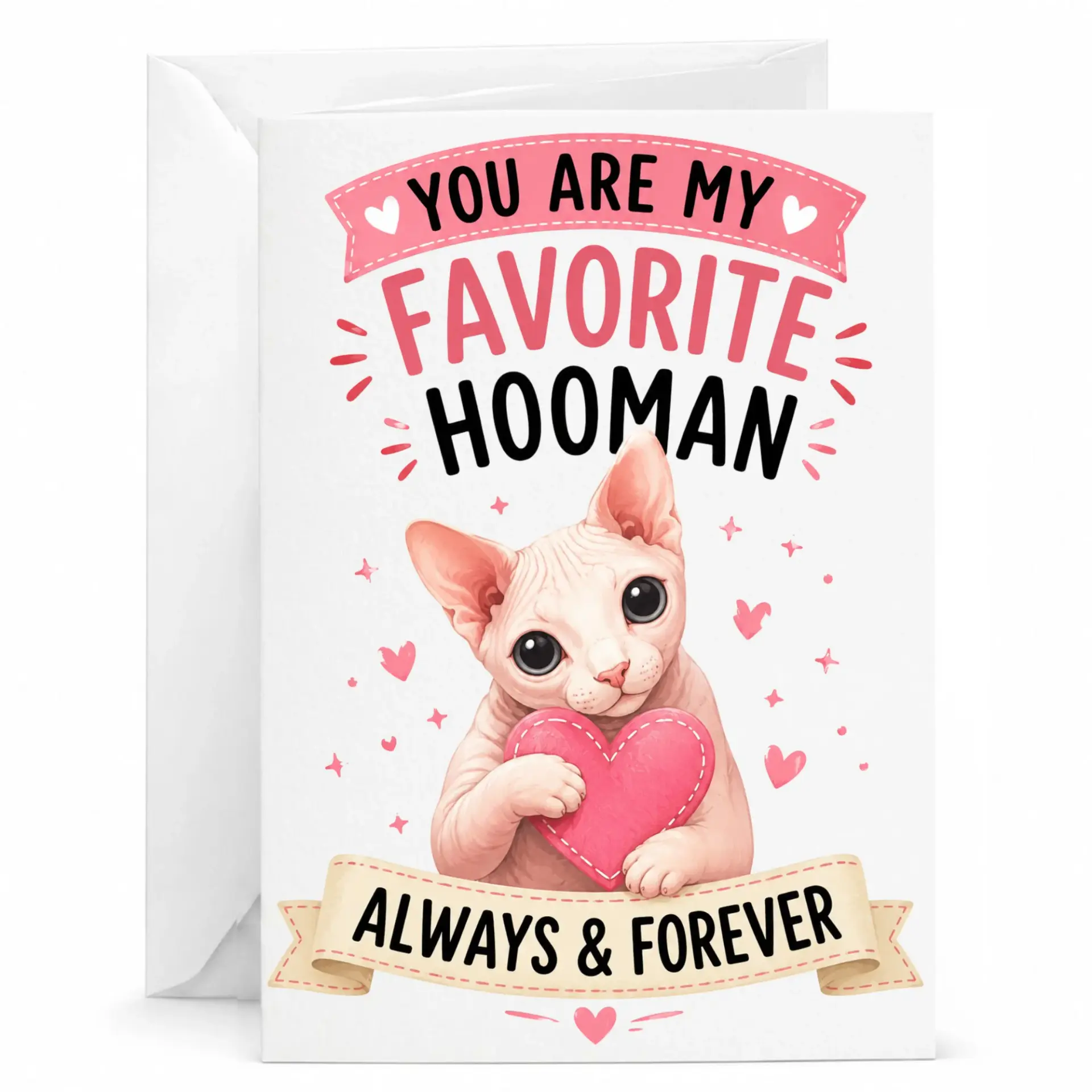 Funny Cat Greeting Card You Are My Favorite Hooman Always and Illustration for Loved Ones