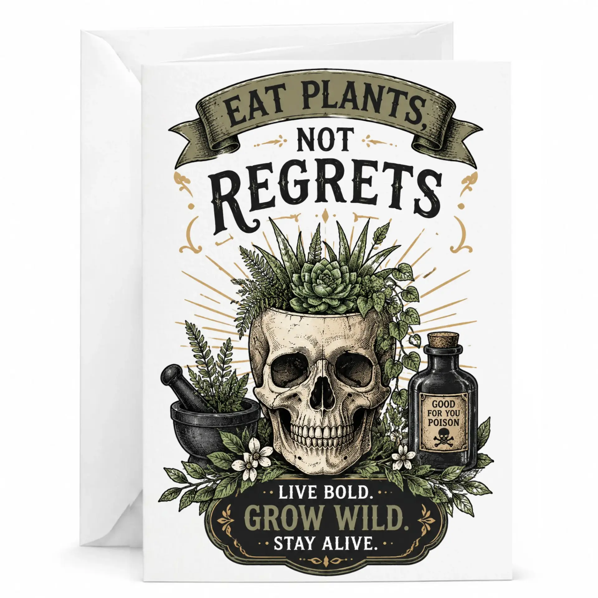 Funny Plant Lover Greeting Card Eat Plants Not Regrets Skull Illustration Note for Garden Enthusiasts