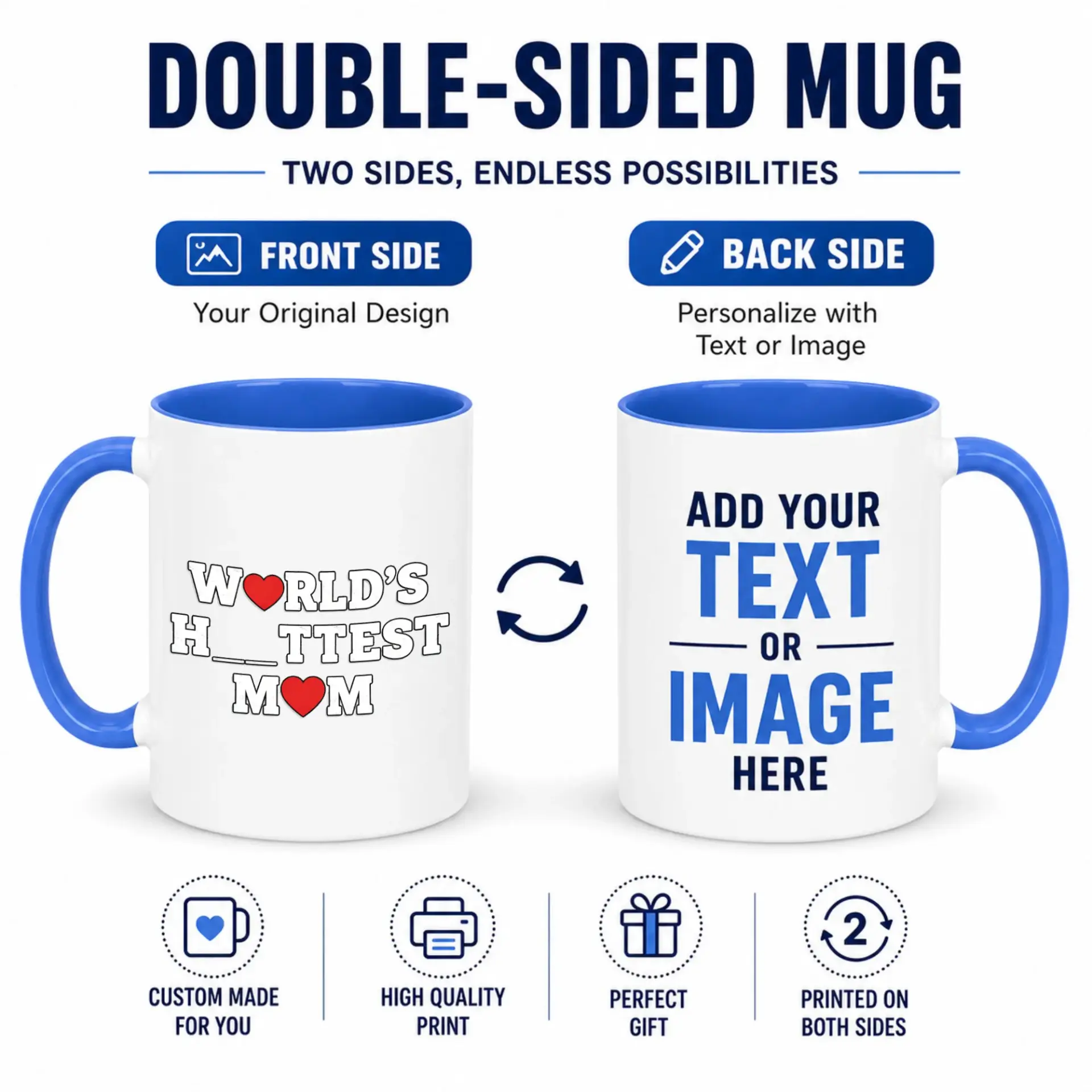 Funny Coffee Mug for Mom, World's Hottest Mom Novelty Ceramic Beverage Cup with Blue Handle & Interior, 11oz or 15oz Capacity