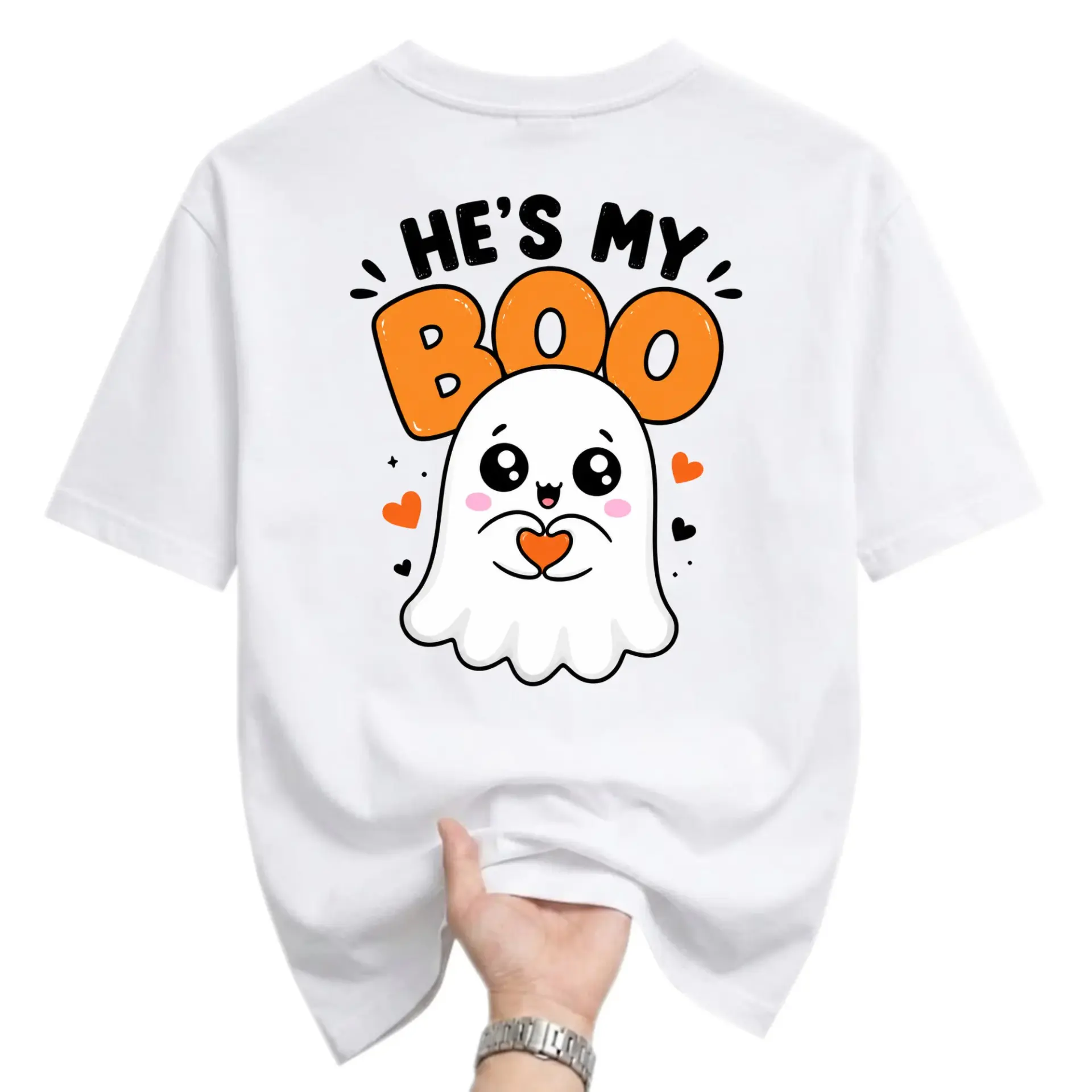 Funny Shirt He's My Boo Ghost Graphic Tee Cute Halloween Couples Matching Apparel Unisex Cotton Crew Neck Top