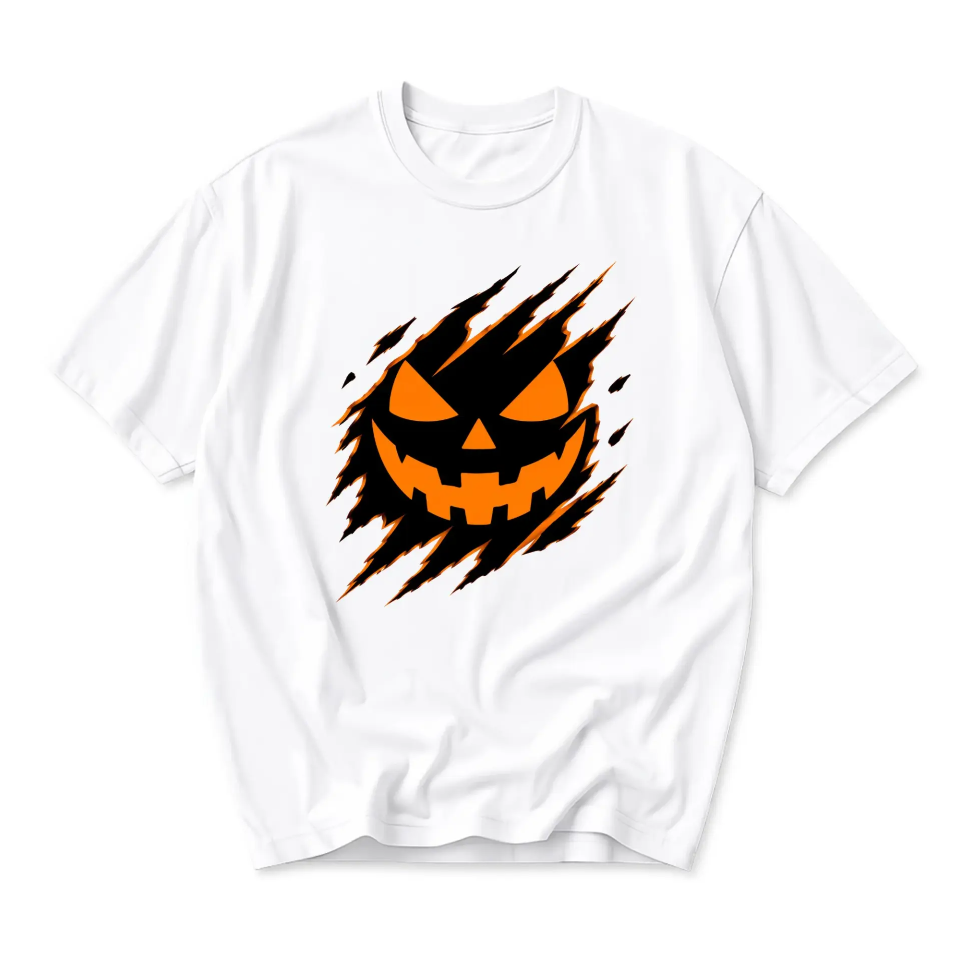 Graphic Tee Unisex Crew Neck T-Shirt Featuring Spooky Halloween Jack-O-Lantern Claw Mark Design for Casual Wear