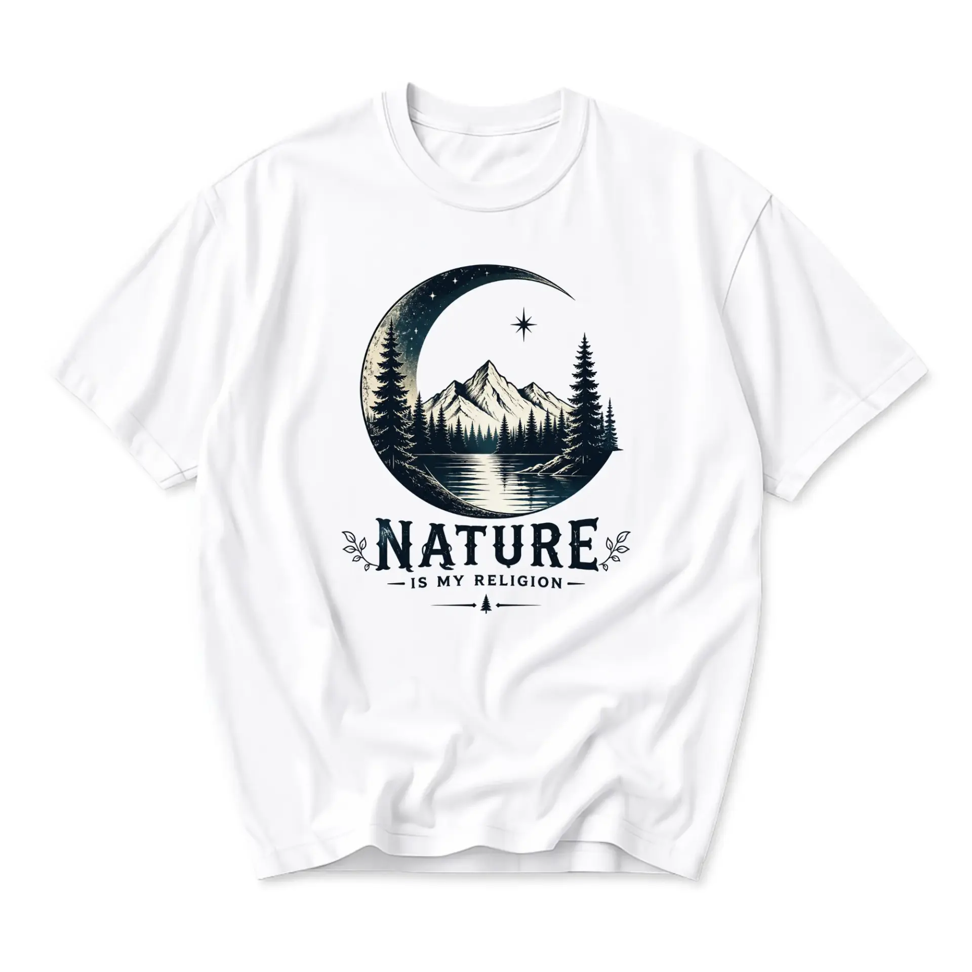 Graphic Tee Nature Is My Religion Adventure Shirt Outdoor Enthusiast Forest Mountain Crescent Moon Unisex Crew Neck