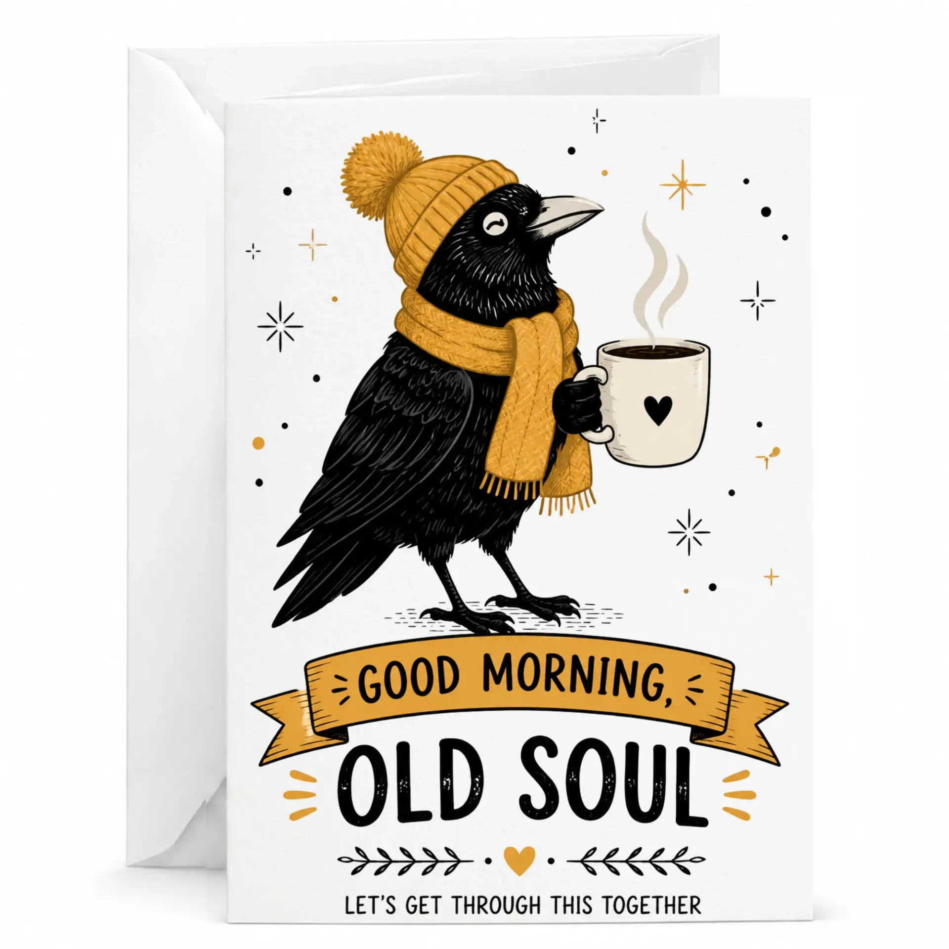 Funny Greeting Card Good Morning Old Featuring a Cute in a Cozy Winter Scarf and Hat Holding Coffee