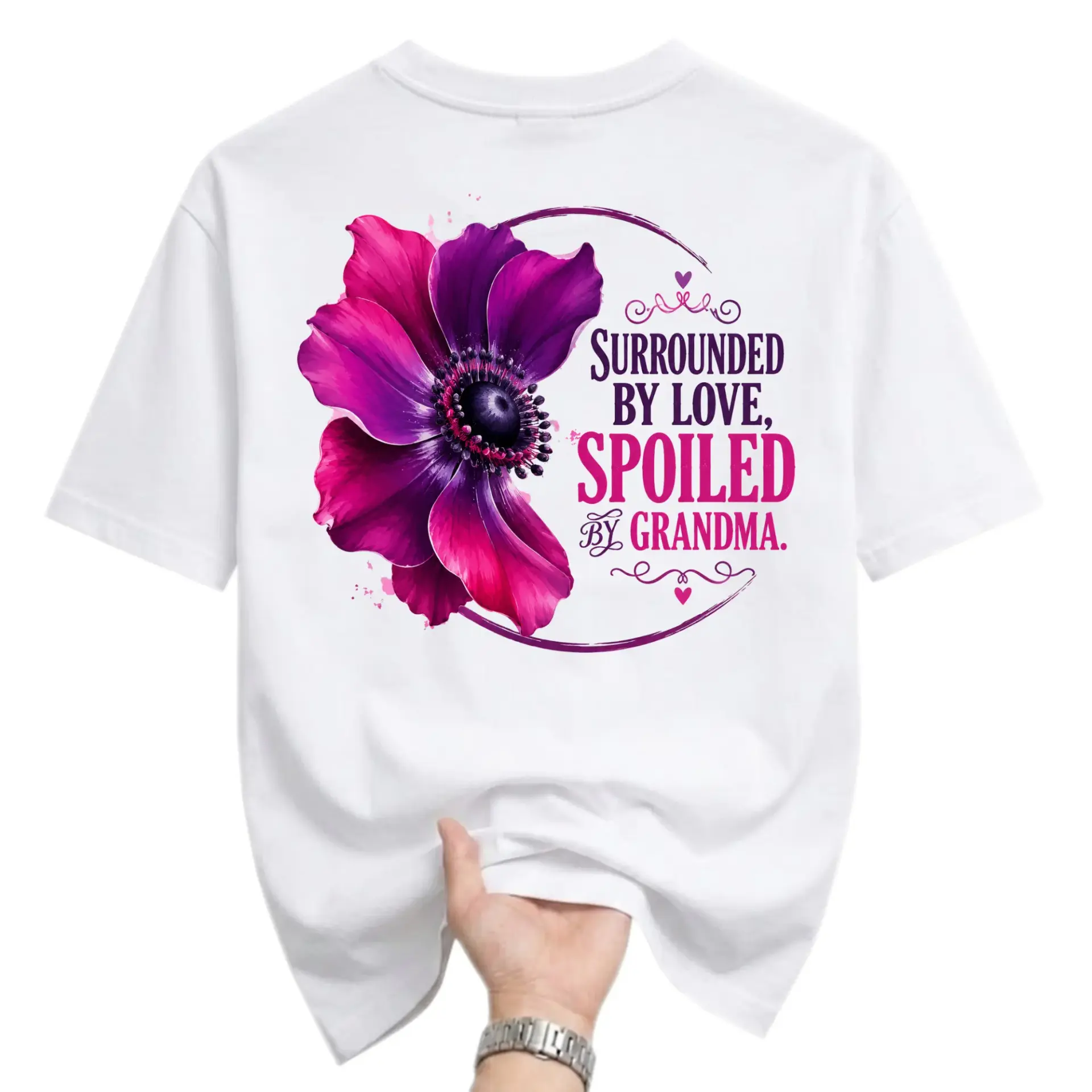 Graphic Tee Unisex Crew Neck Shirt Surrounded by Love Spoiled by Grandma Floral Design White Casual Cotton Top