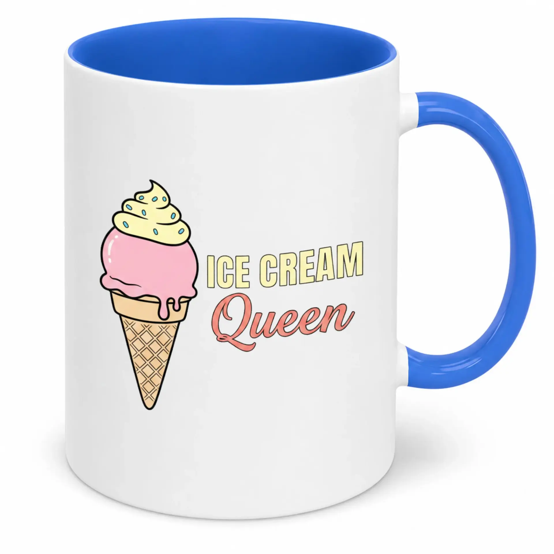 Funny Ice Cream Queen Coffee Mug, Premium White Ceramic Cup with Vibrant Blue Handle and Interior, Sweet Dessert Lover Gift Idea