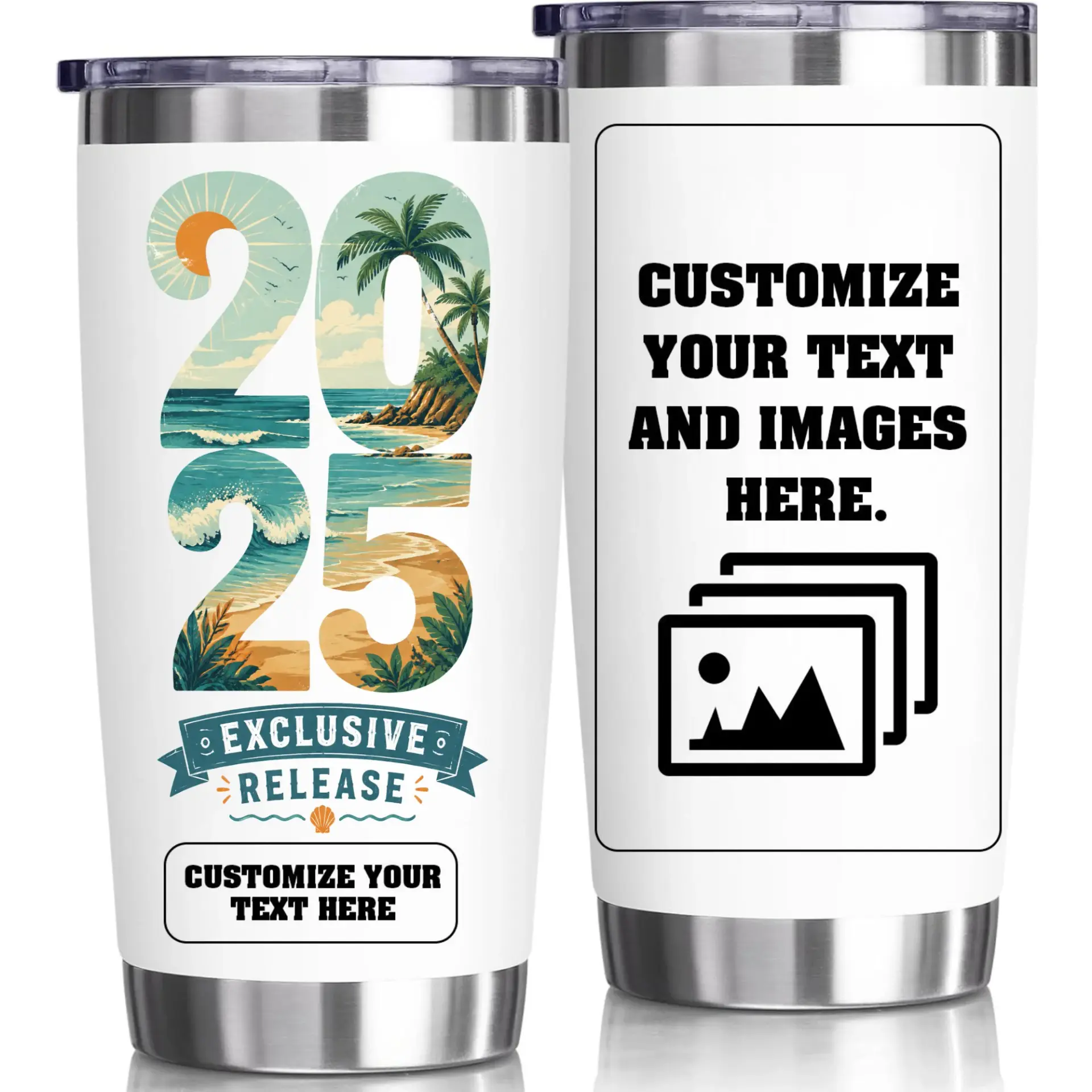 Stainless Steel Tumbler 20oz Insulated Cup Custom Tropical Beach 2025 Theme Travel Mug for Hot and Cold Beverages