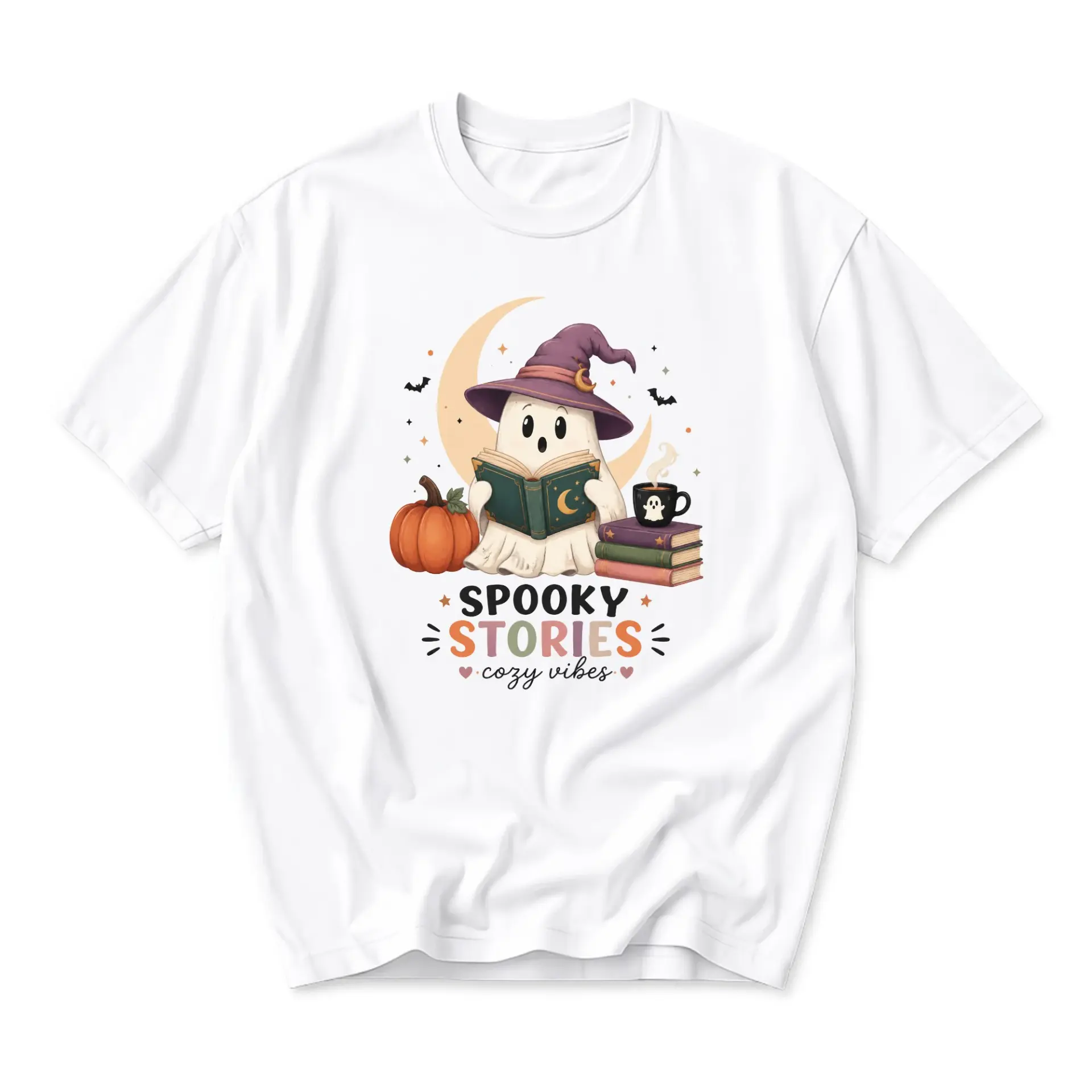 Funny Shirt Spooky Stories Cozy Vibes Graphic Tee Unisex Autumn Fall Seasonal Reading Ghost Illustration Casual Apparel