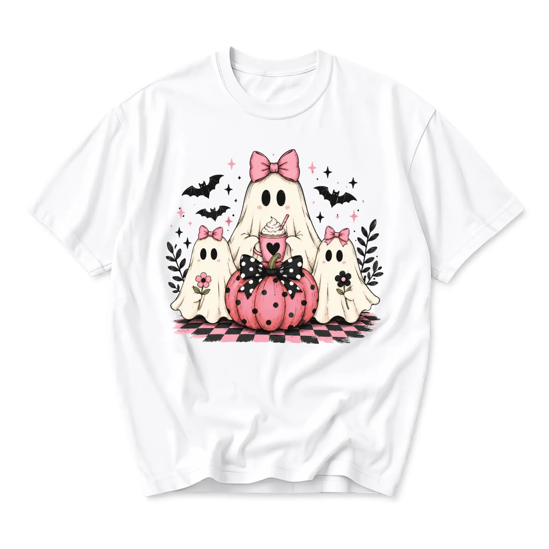 Graphic Tee Cute Ghosts with Pink Pumpkin and Bows Print Unisex Crew Neck Casual Cotton Blend Short Sleeve Shirt