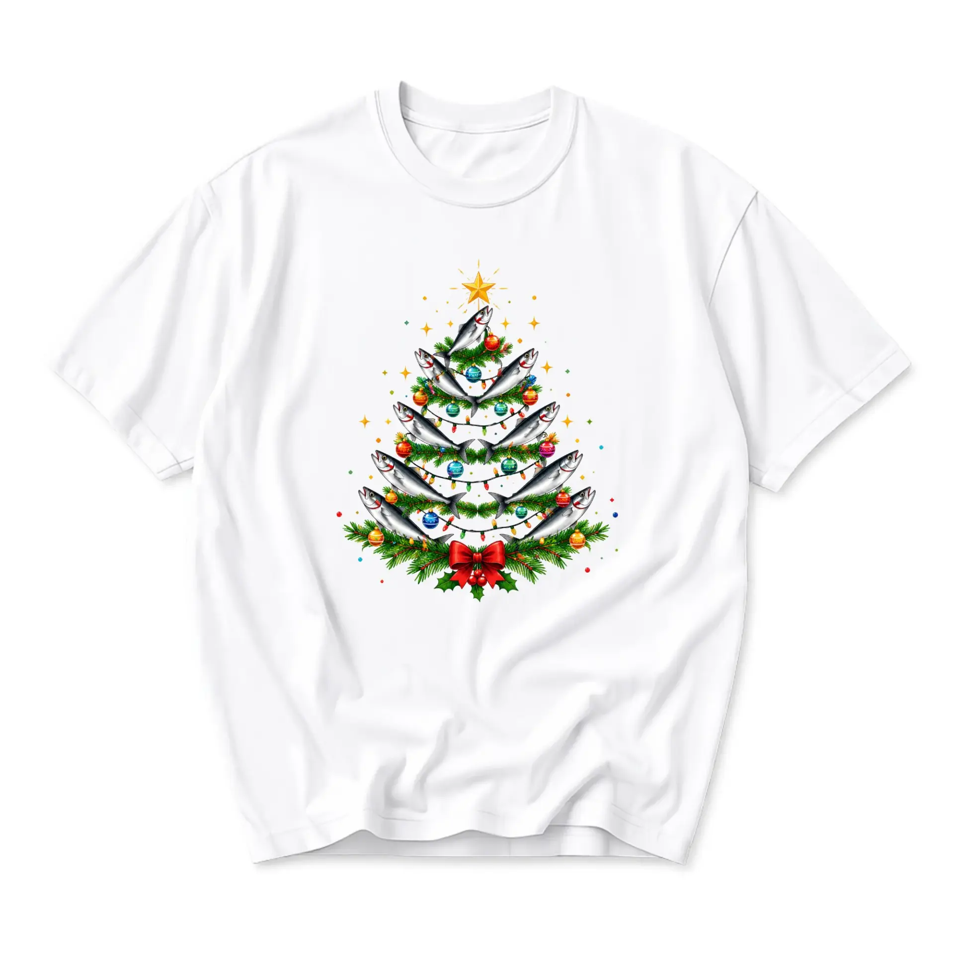 Graphic Tee Christmas Tree Fish Print Unisex Casual Crew Neck T-Shirt for
