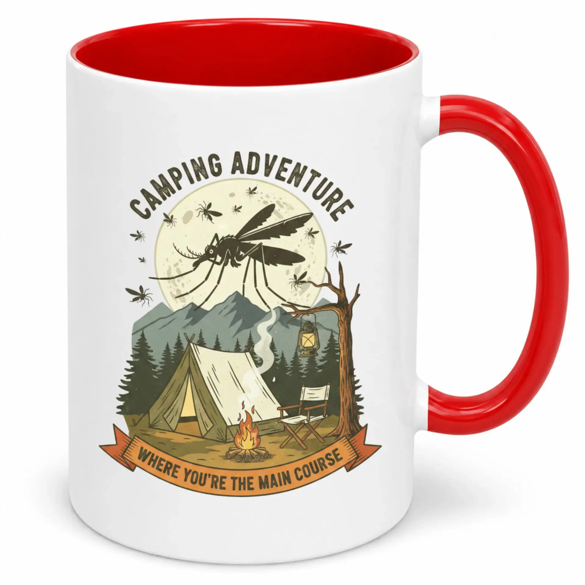 Funny Ceramic Coffee Mug with Humorous Camping Adventure Mosquito Design for Outdoor Enthusiasts 11oz or 15oz Beverage Cup Gift