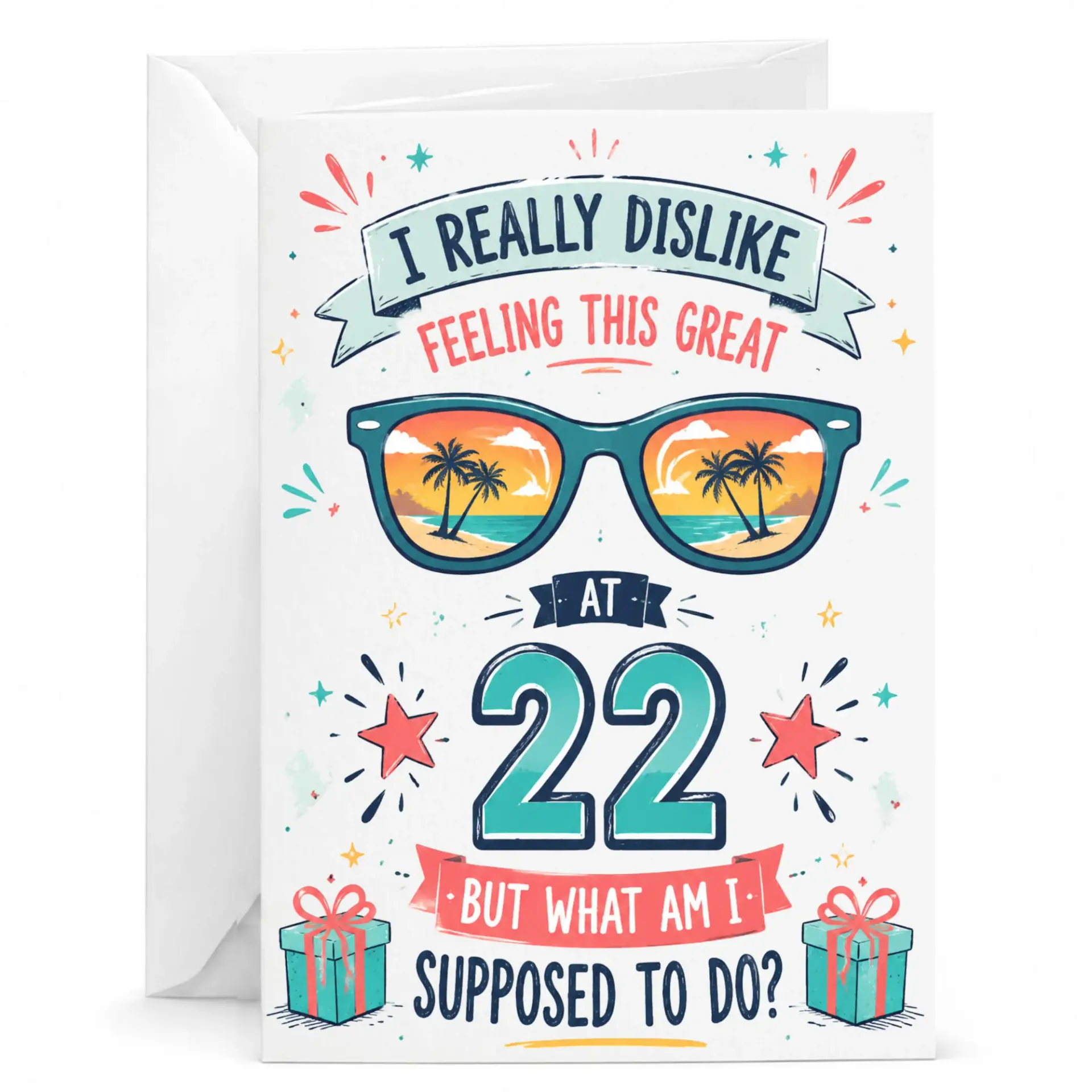 Funny Birthday Card for 22nd Birthday, Sarcastic Tropical Beach Sunglasses Theme Greeting Card for 22 Year Old Celebration