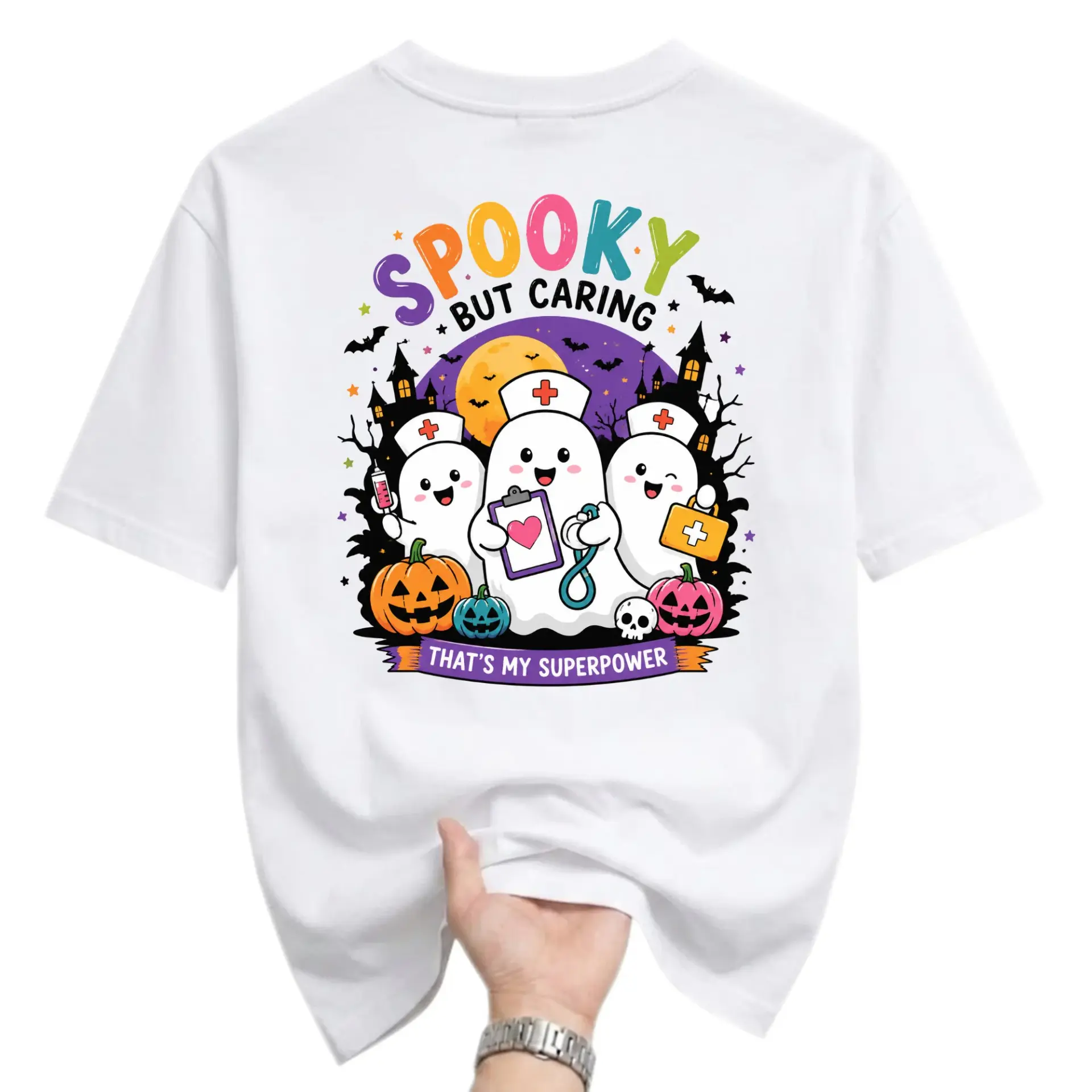 Graphic Tee Spooky but Caring Nurse Ghost T-Shirt Funny Halloween Medical Professional Unisex Crew Neck Cotton Top