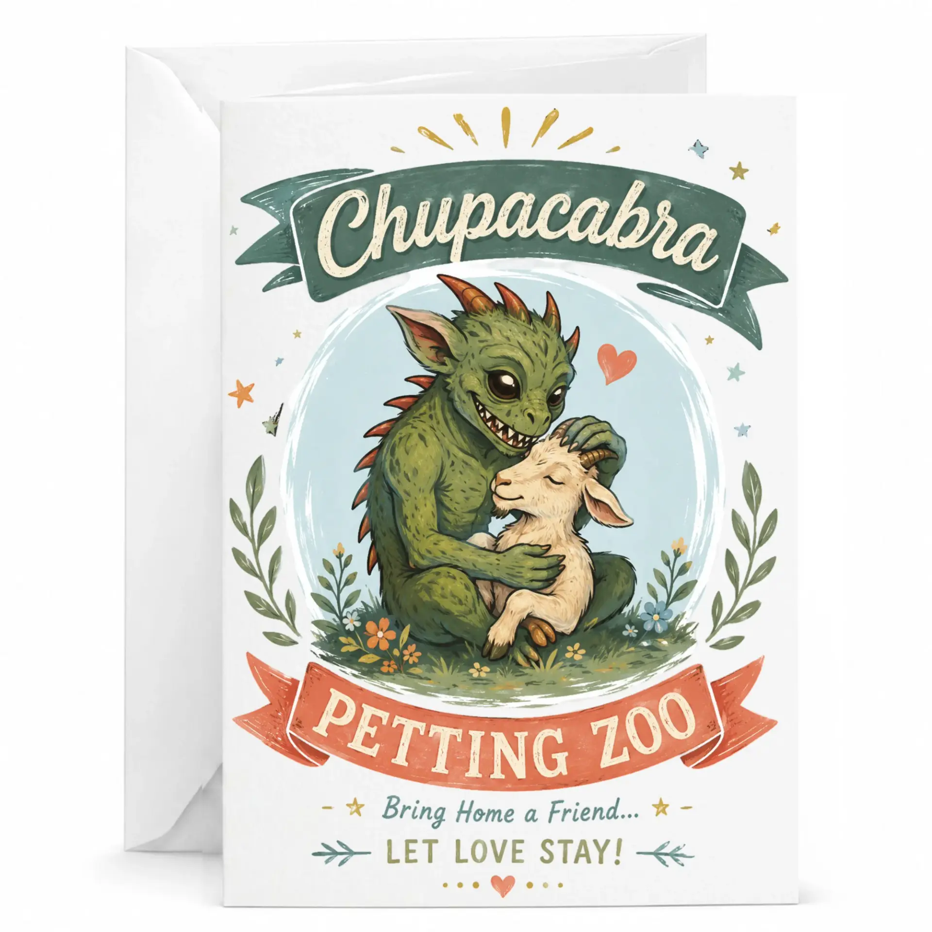 Funny Greeting Card Chupacabra Petting Illustrated Creature Art for Friends and Family 5x7 Folded Note