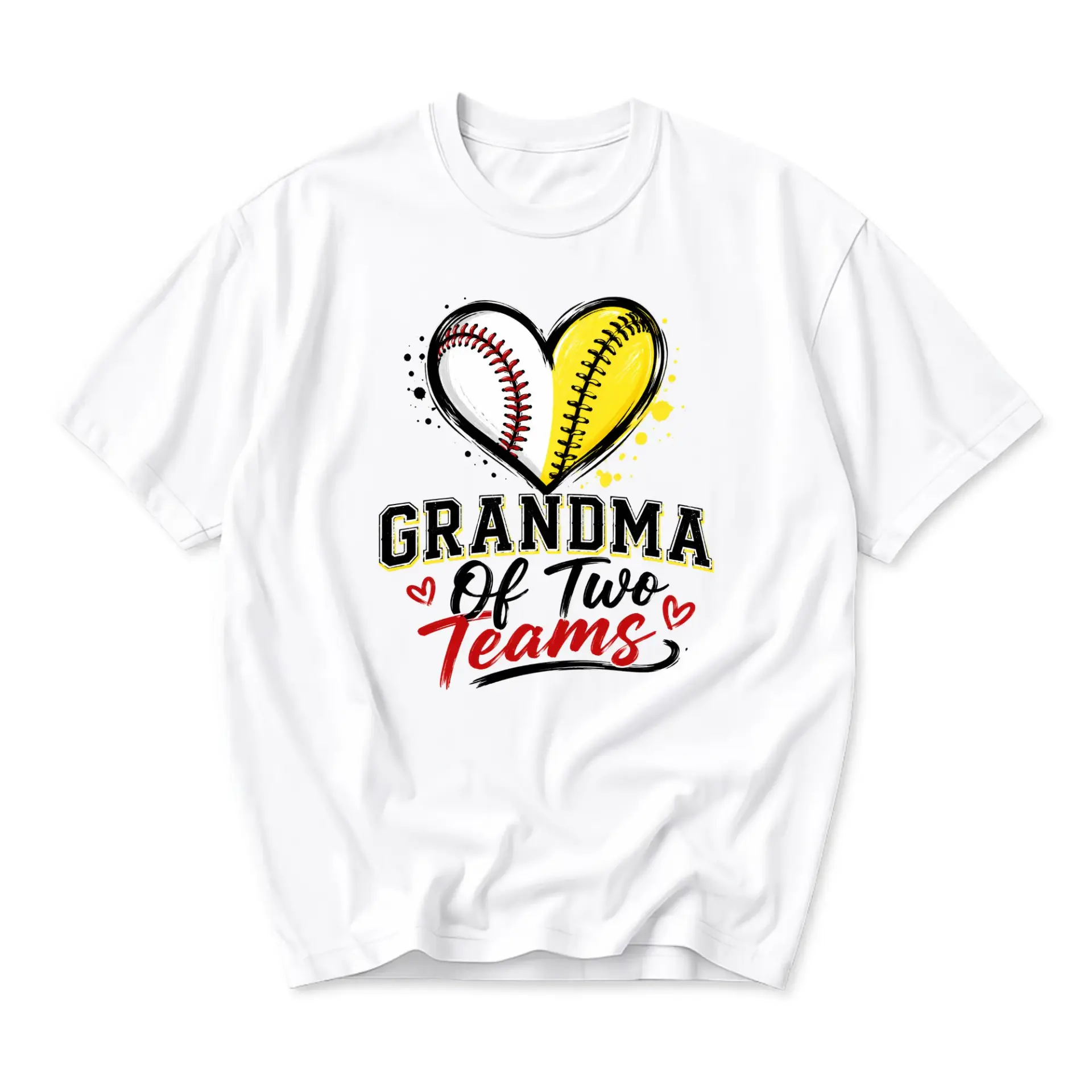 Graphic Tee Grandma of Two Teams Heart Baseball and Softball Sports Shirt Unisex Crew Neck Everyday Casual Apparel