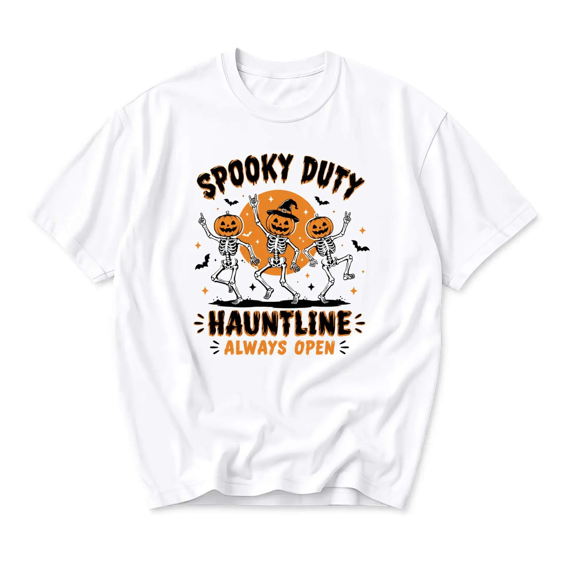 Graphic Tee Spooky Duty Hauntline Halloween Pumpkin Skeleton Unisex Crew Neck Casual Cotton Blend T-Shirt