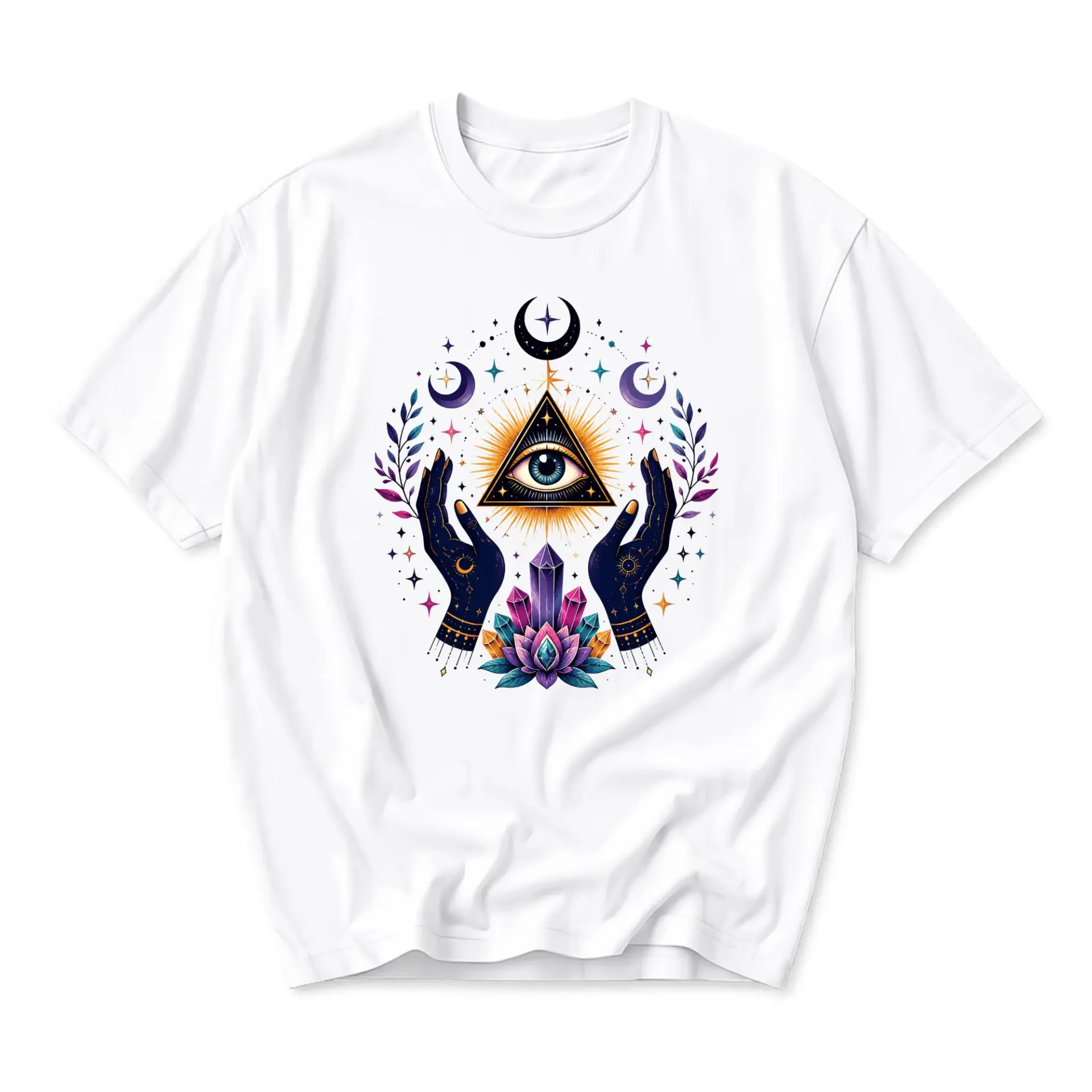 Graphic Tee Celestial Eye Pyramid Unisex Cotton Shirt Mystical Hand Print Short Sleeve Casual Crew Neck Top