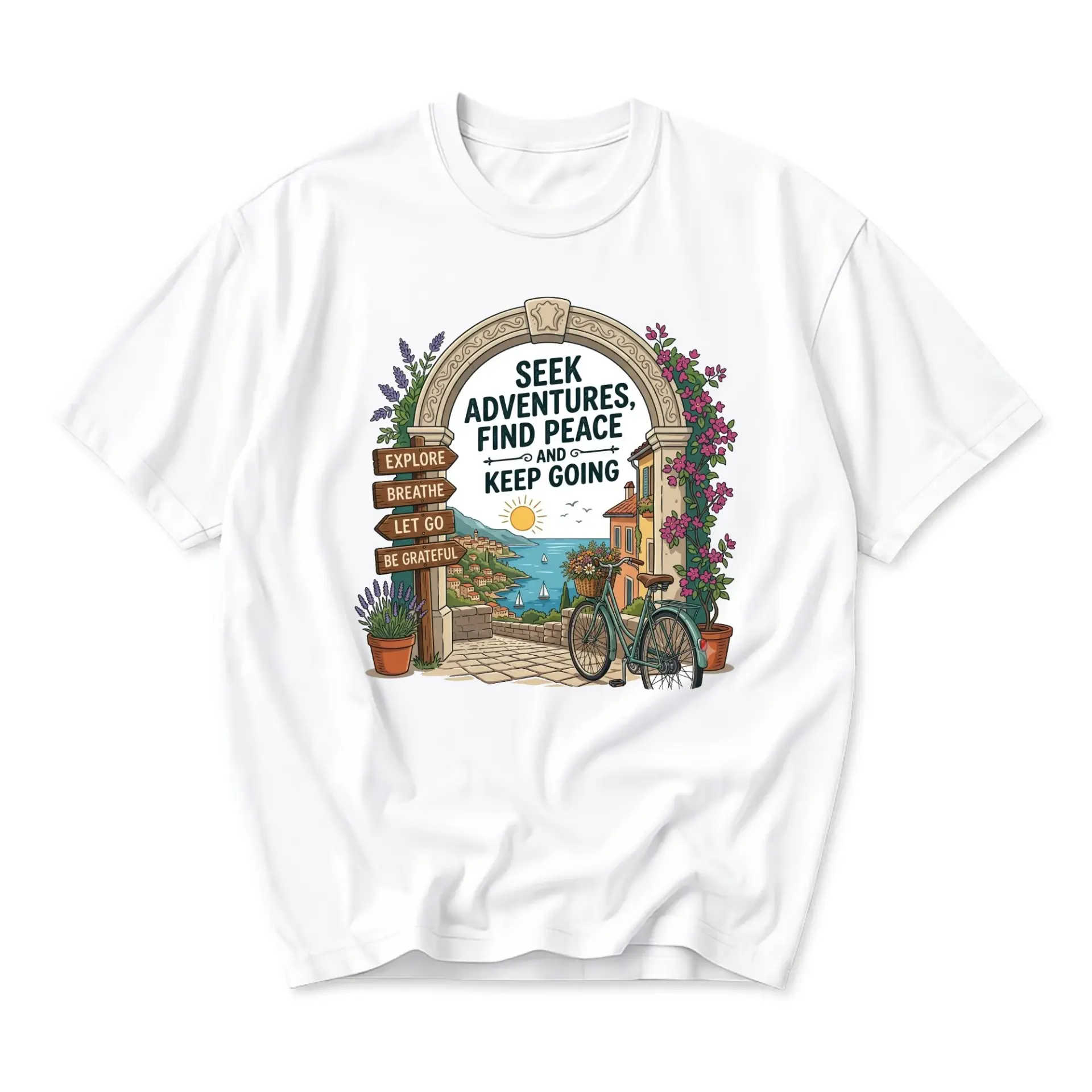 Graphic Tee Seek Adventures Find Peace and Keep Going Inspirational Travel Quote Unisex Casual Crew Neck T-Shirt