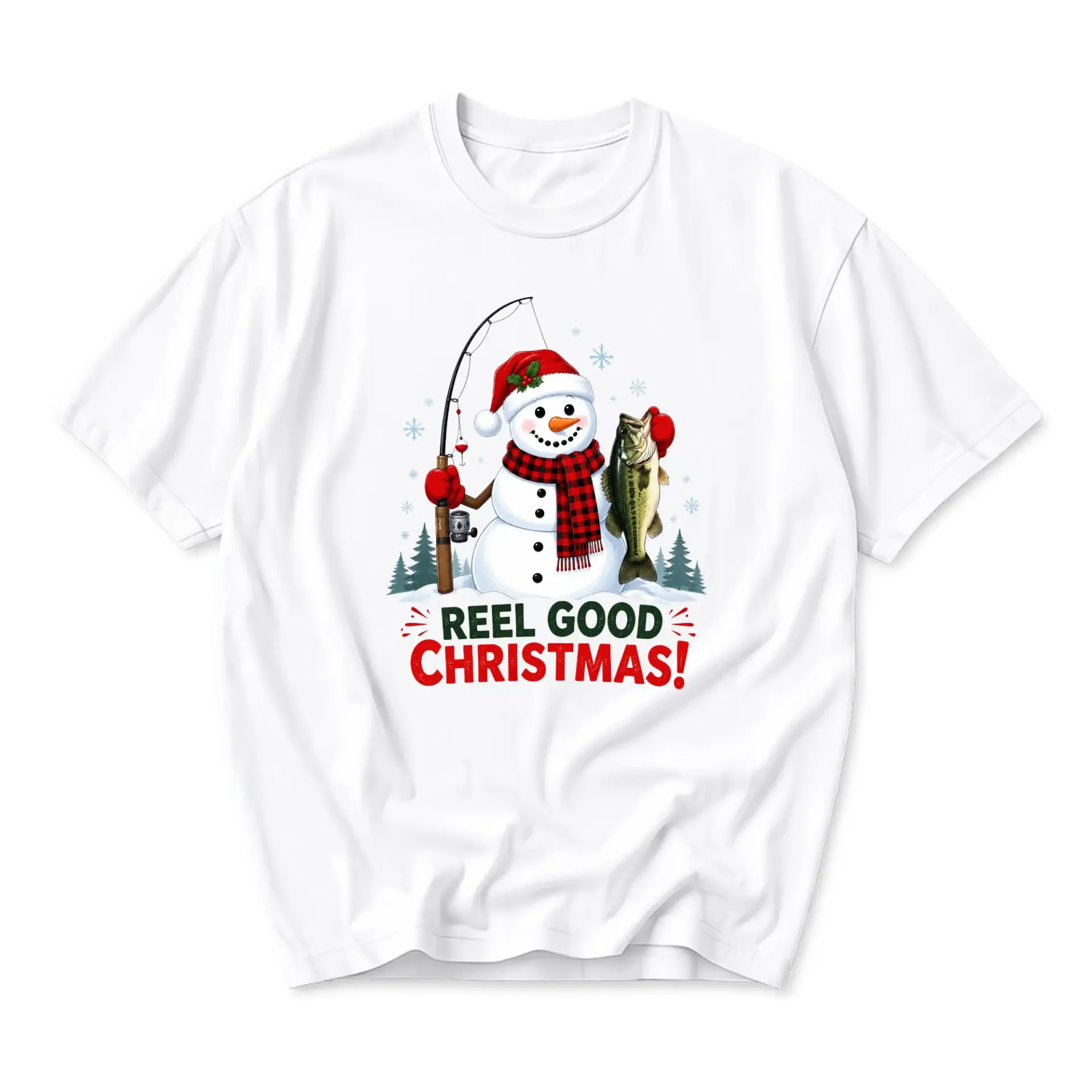 Funny Shirt Reel Good Christmas Graphic Tee Snowman Fishing Holiday Unisex Casual Cotton Crew Neck Top