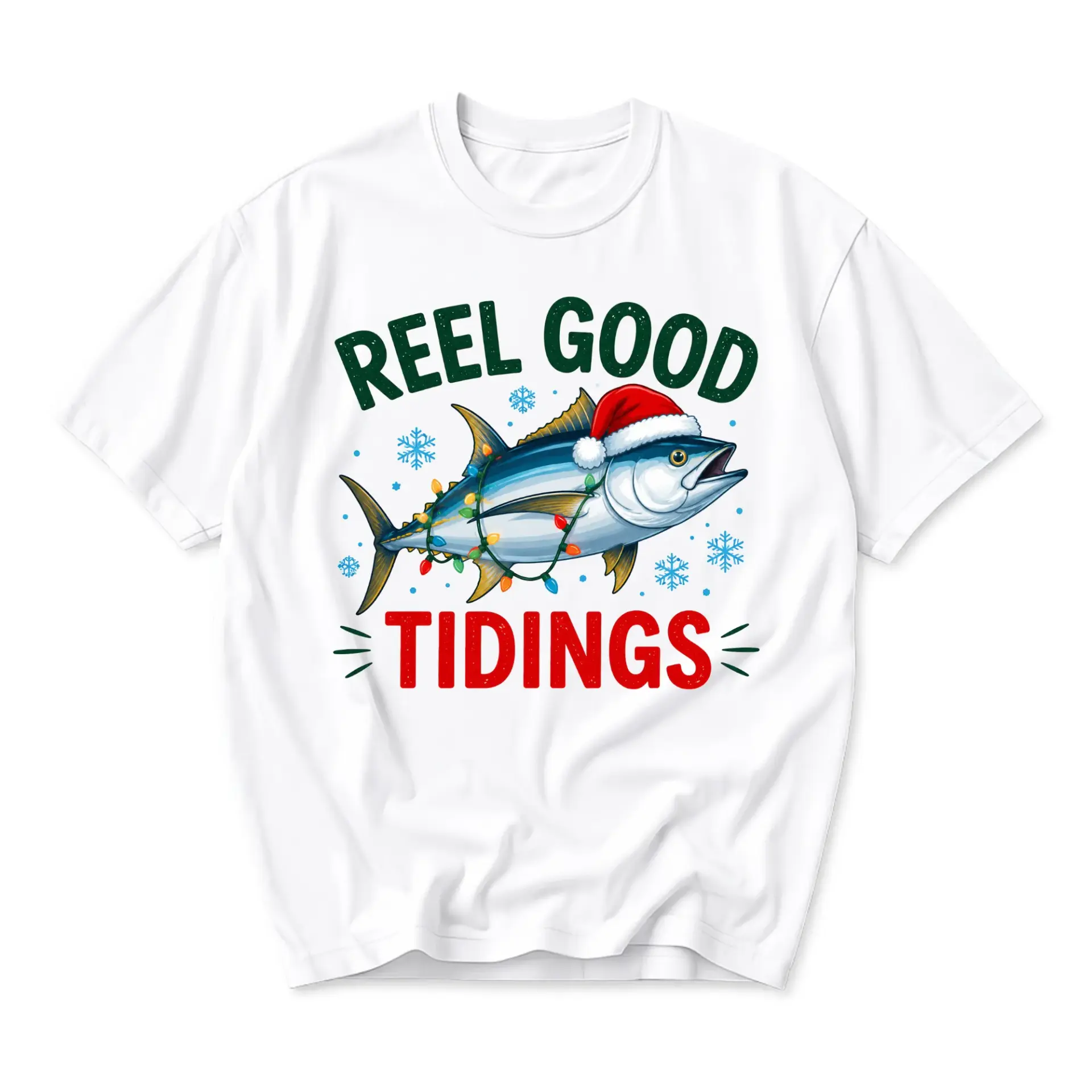 Funny Shirt Reel Good Tidings Christmas Fishing Graphic Tee Unisex Short Sleeve Casual Holiday Crew Neck Apparel