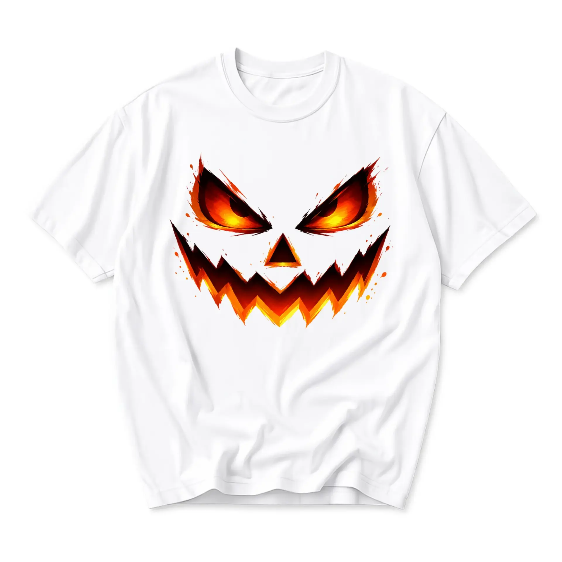 Graphic Tee Unisex Crew Neck T-Shirt Featuring Spooky Glowing Jack O Lantern Pumpkin Face Halloween Illustration
