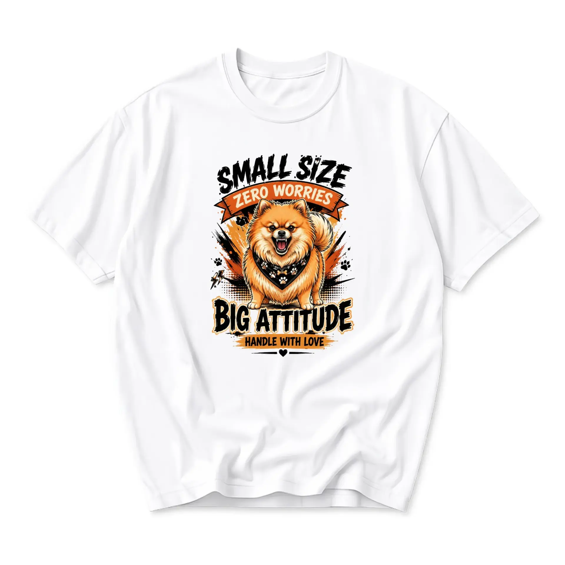 Graphic Tee Small Size Zero Worries Big Attitude Pomeranian Dog Unisex Crew Neck Casual Everyday Printed Cotton Shirt