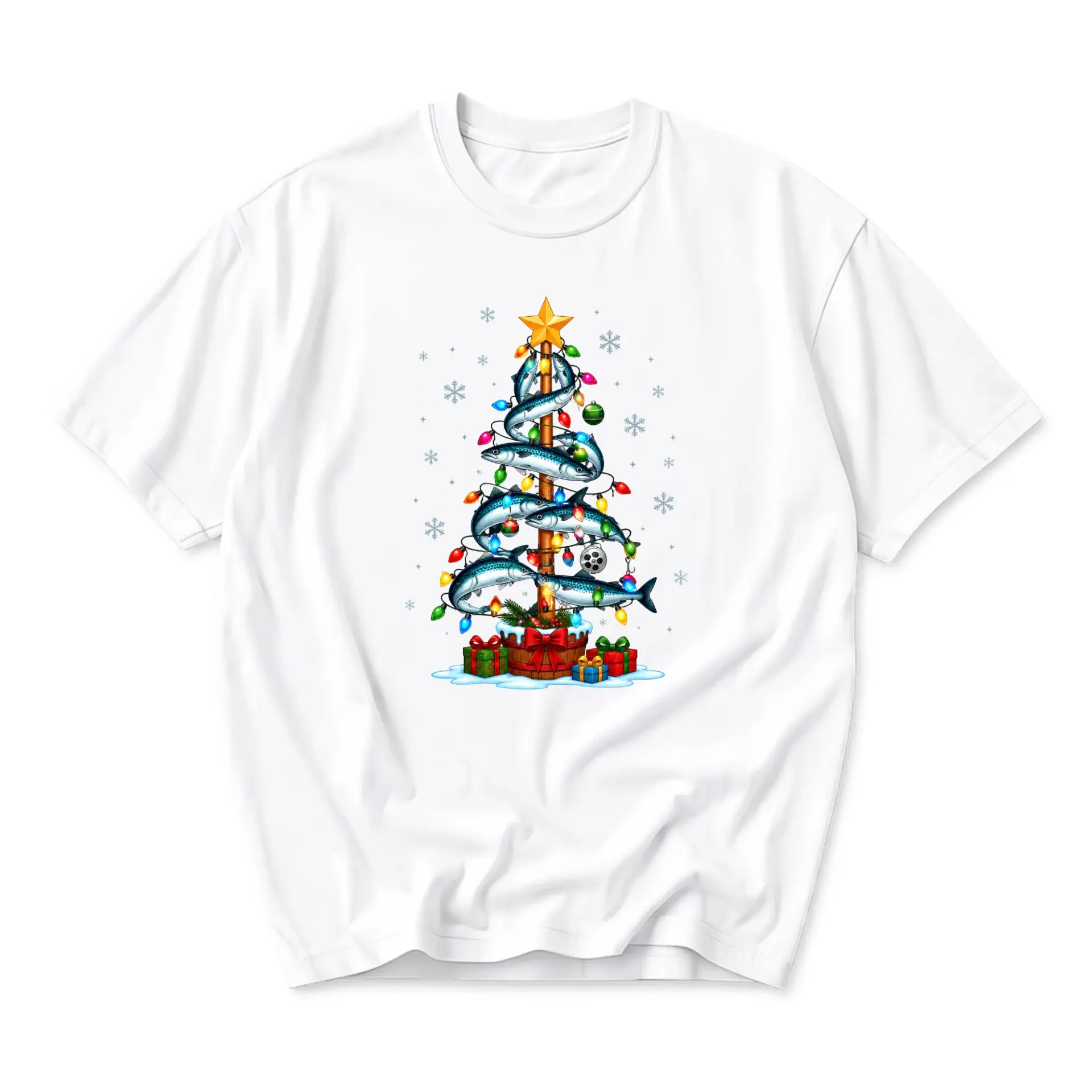 Graphic Tee Christmas Fishing Tree Holiday Unisex T-Shirt Seasonal Casual Apparel for Everyday Comfort Wear White
