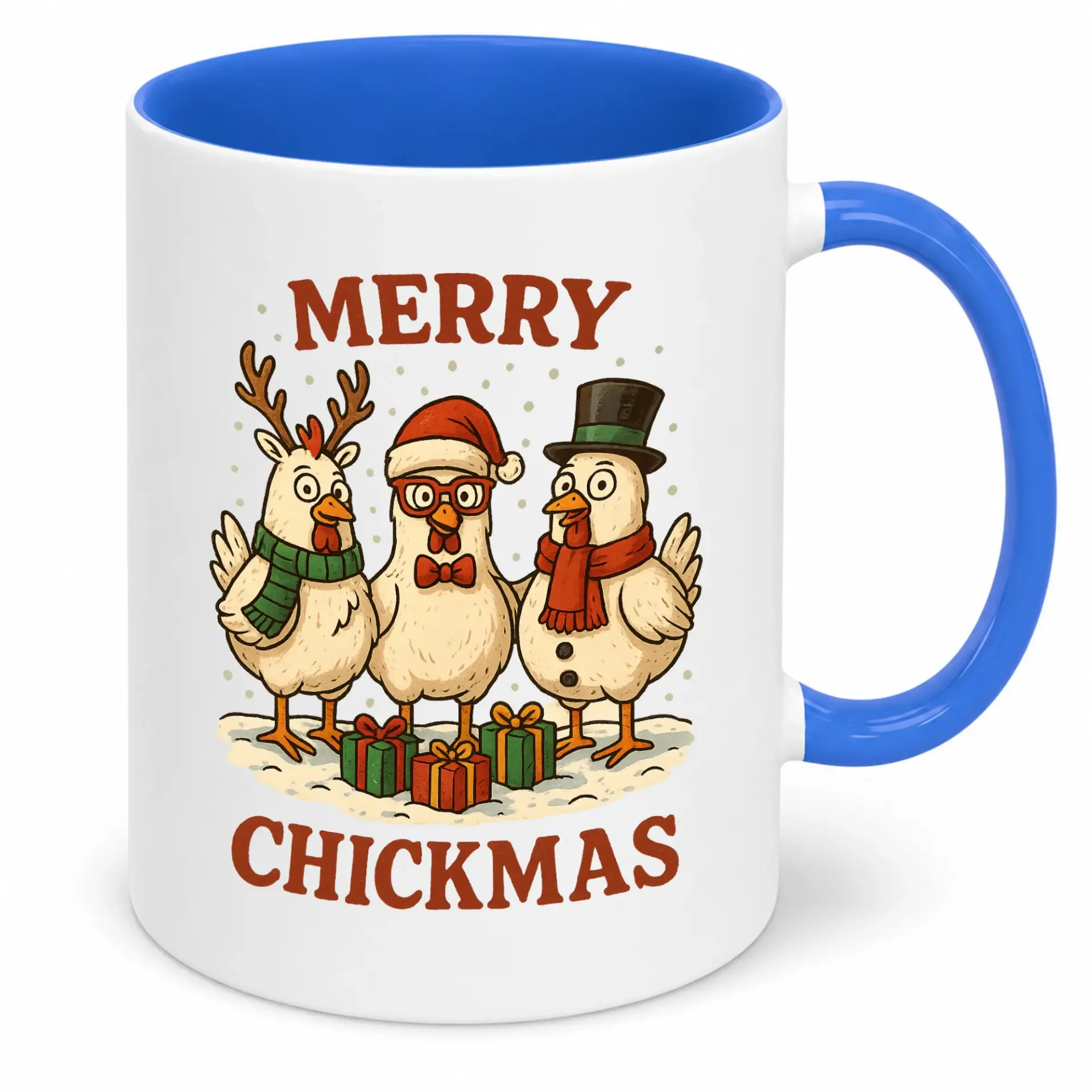 Funny Chickmas Christmas Ceramic Coffee Mug with Festive Cartoon Chickens Design, Novelty Holiday Beverage Cup Gift for Friends and Family