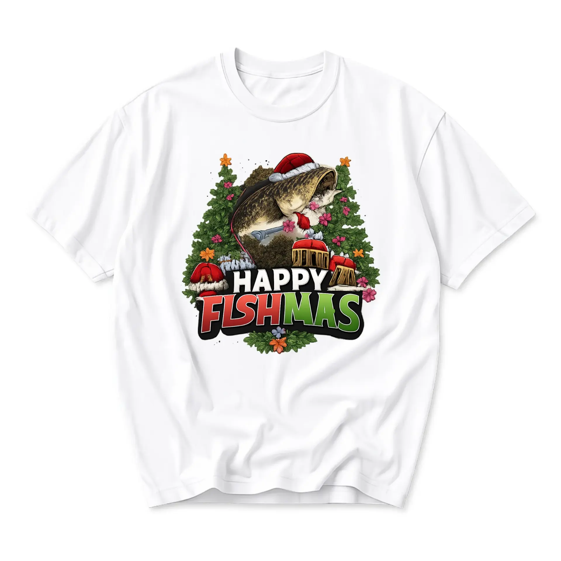 Funny Shirt Happy Fishmas Graphic Tee Unisex Crew Neck Casual Everyday Wear Soft Comfortable Holiday Fishing Apparel