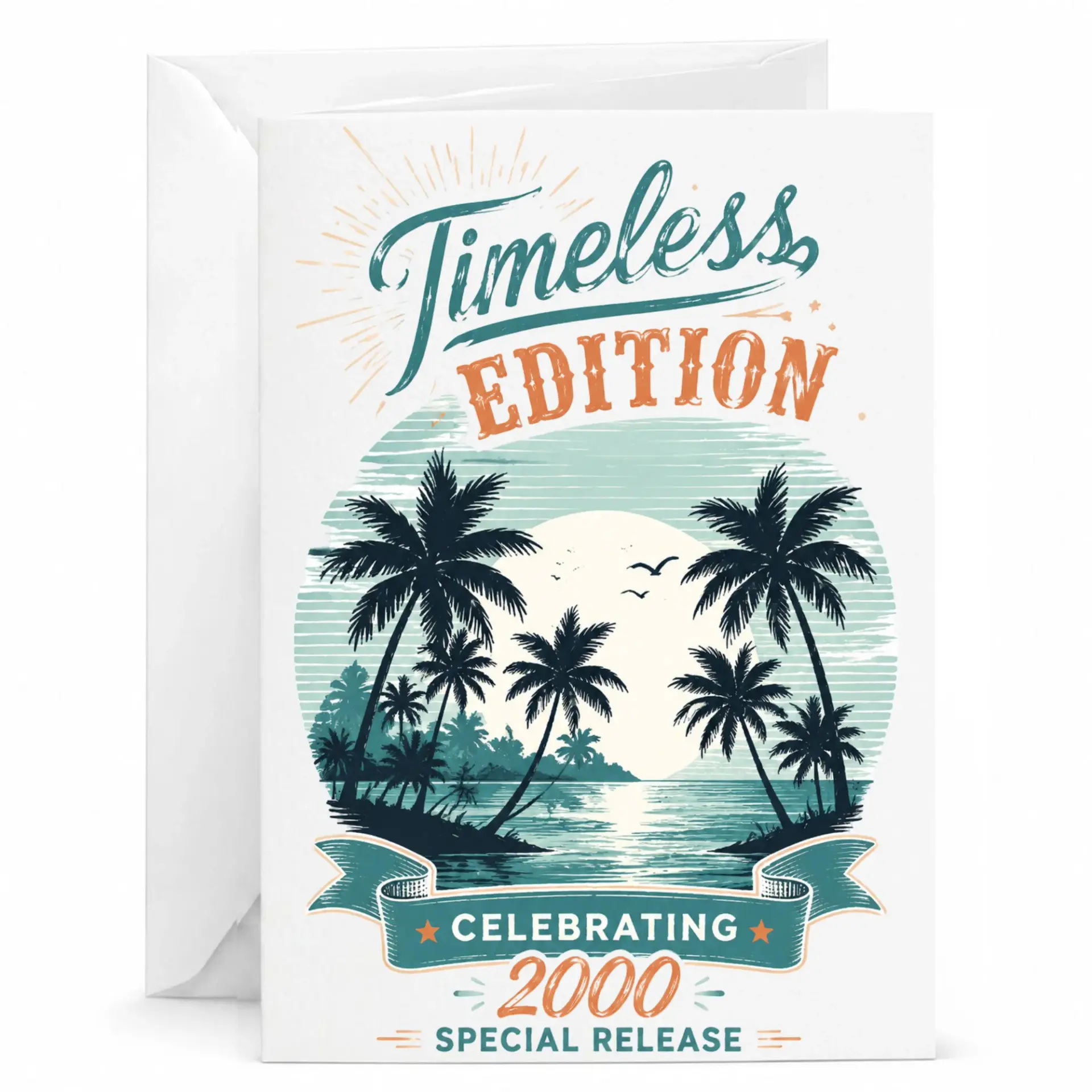 Greeting Card Timeless Edition Celebrating 2000 Special Release Tropical Sunset Vintage Style Birthday Anniversary Stationery