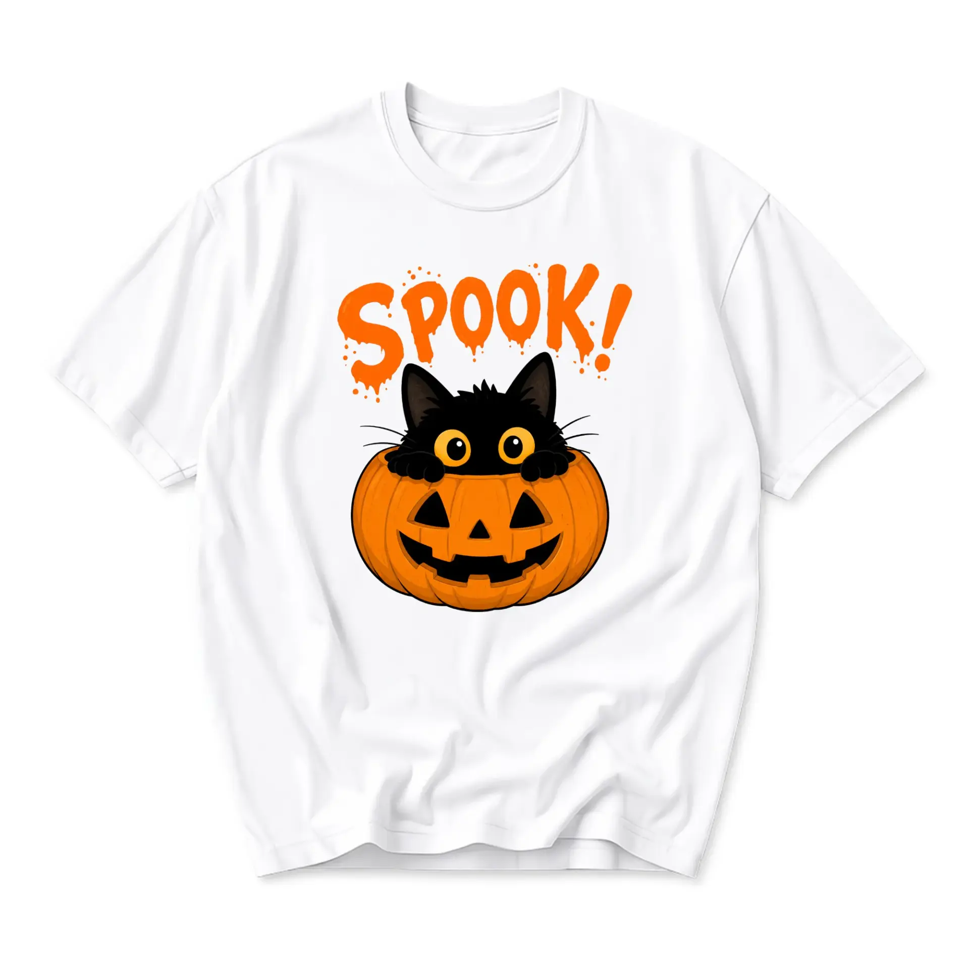 Graphic Tee Unisex Black Cat in Pumpkin Spook Halloween Art Crew Neck Cotton Blend Casual Short Sleeve Shirt Top
