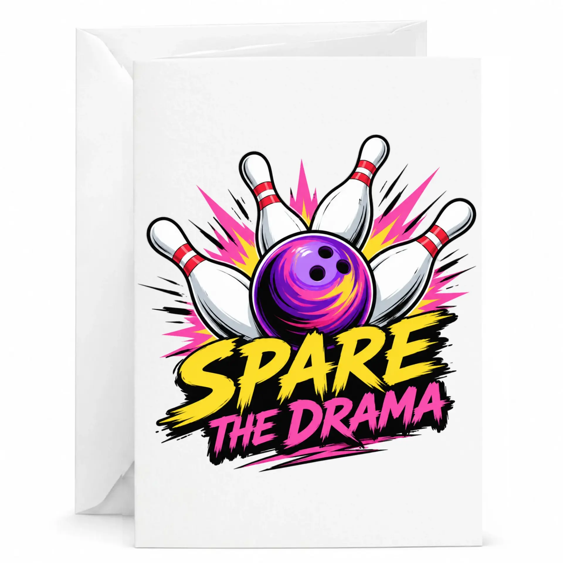 Funny Bowling Greeting Card Spare the Drama Sport Theme Note for Birthdays and Enthusiasts with Matching Envelope