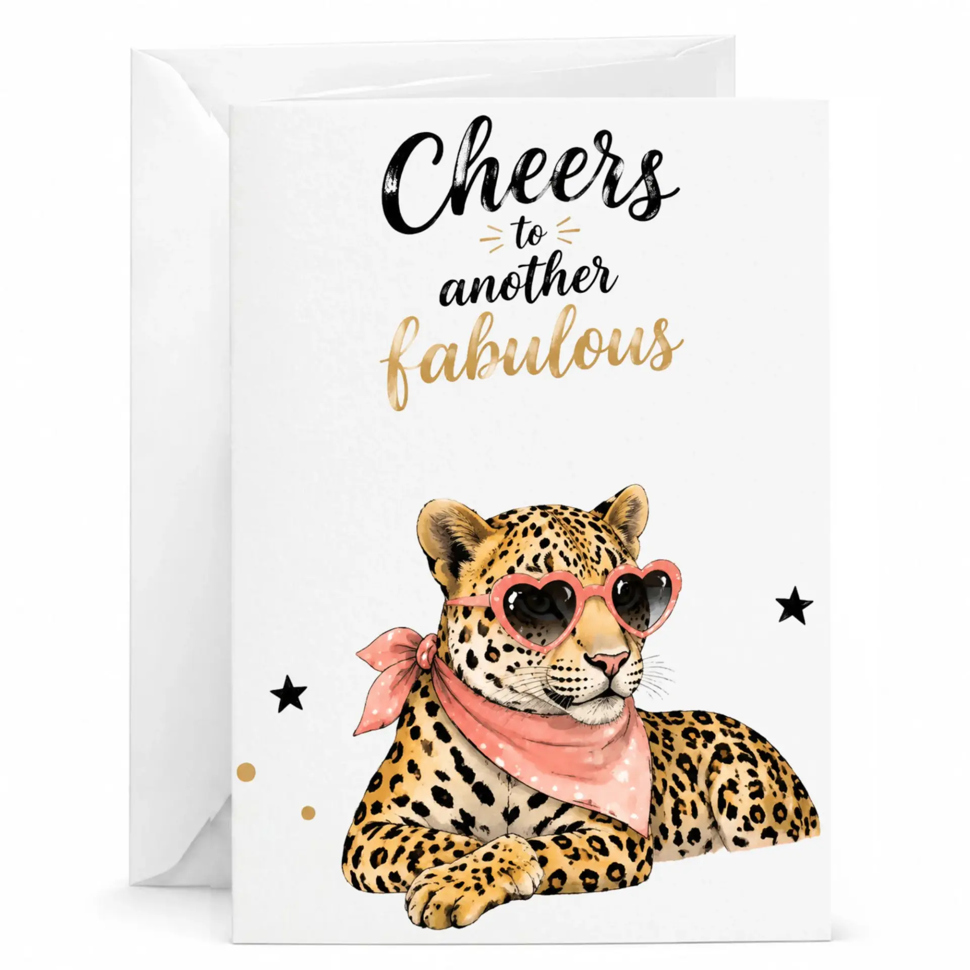 Greeting Card Fabulous Leopard Wearing Heart Sunglasses Fun Birthday Card for Her with Envelope 5x7 Inch Folded Note