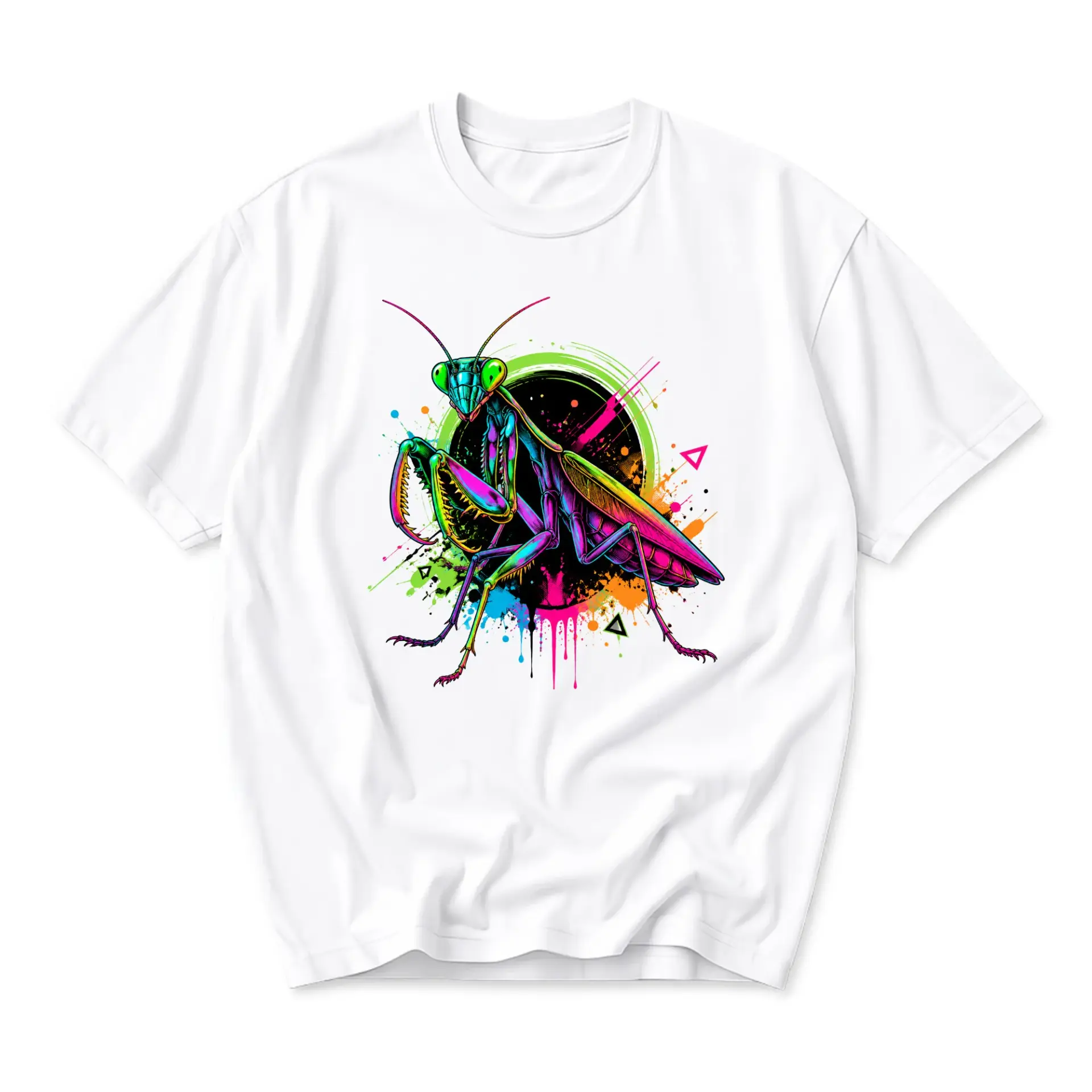 Graphic Tee Featuring Colorful Neon Praying Mantis Art Print Artistic Insect Illustration Casual Unisex Crew Neck Shirt