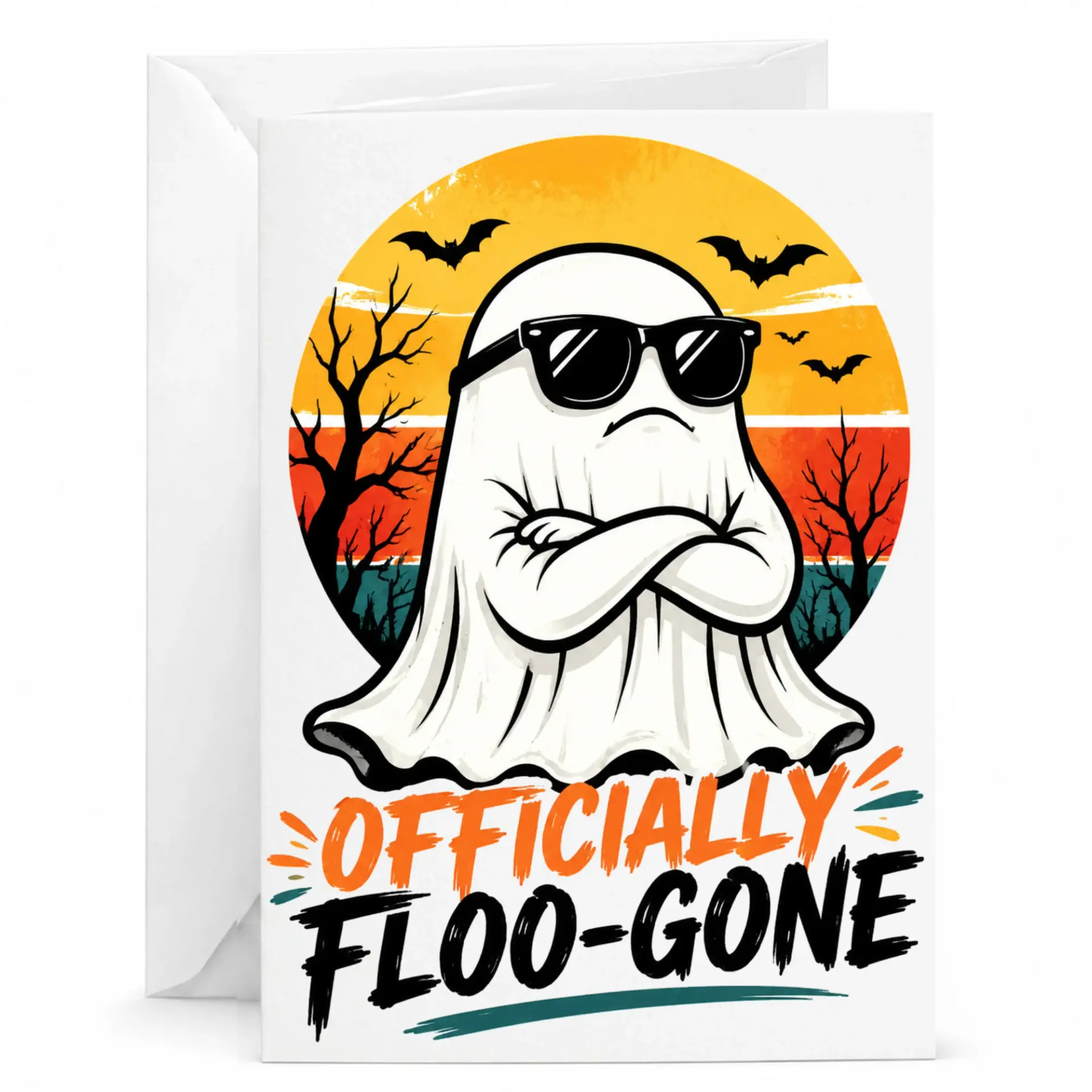 Funny Greeting Card Officially Floo-Gone Retirement Farewell Retro Sunset Design 5x7 Folded