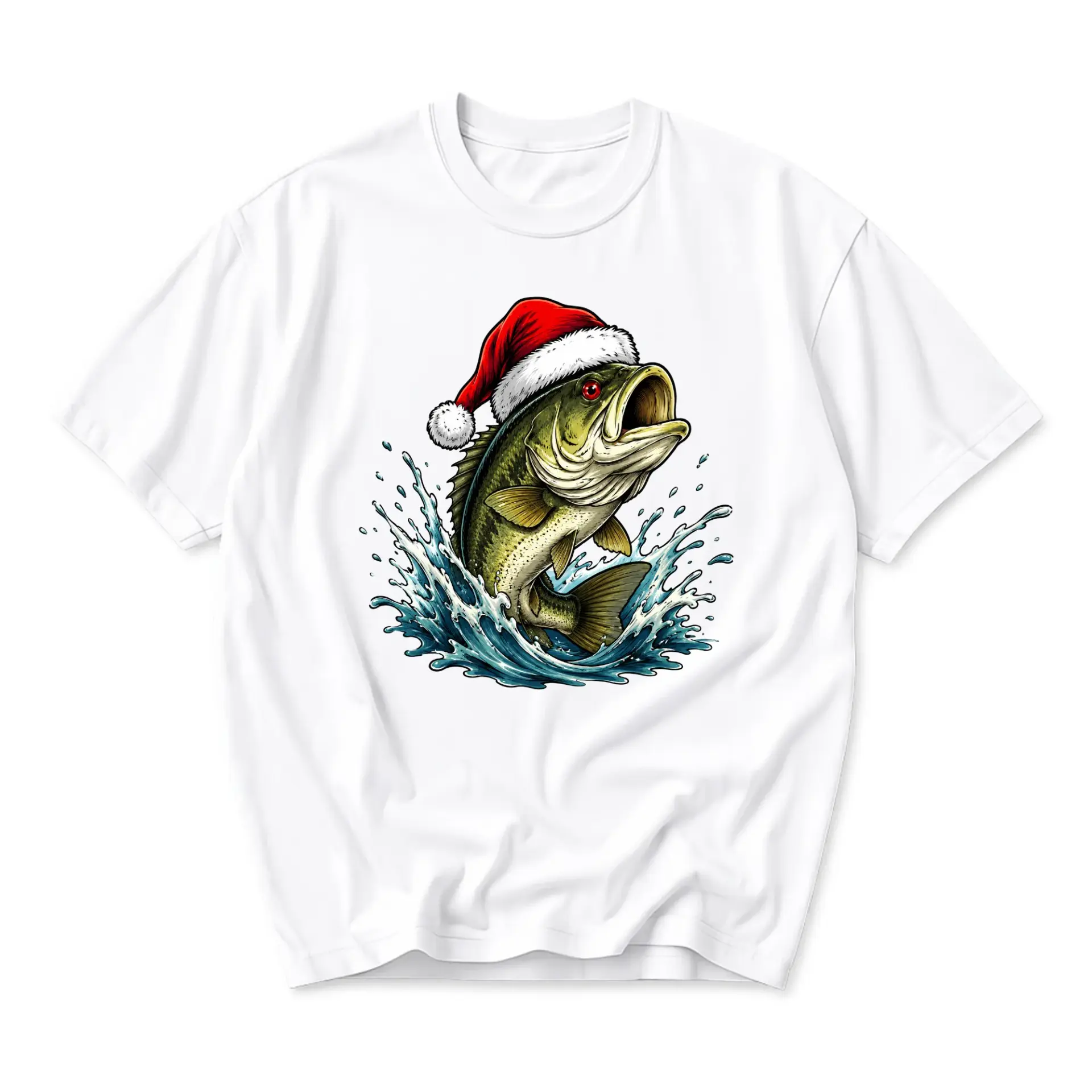 T-shirt Fish Wearing Santa Hat Graphic Tee Unisex Crew Neck Short Sleeve Casual Cotton Blend Apparel for Holiday