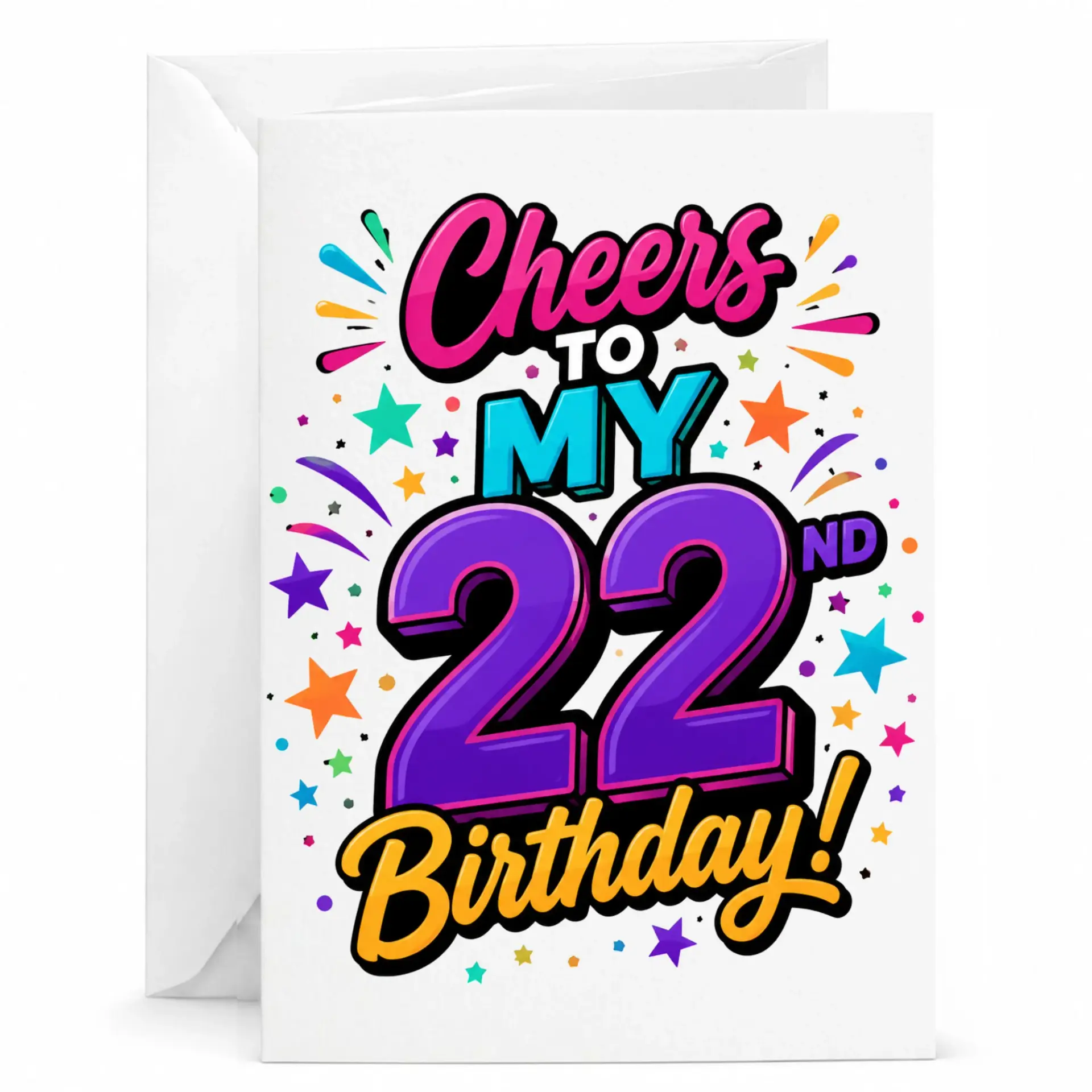 Birthday Card Cheers to My 22nd Birthday Vibrant Colorful Typography Greeting Card for 22nd Birthday Celebration