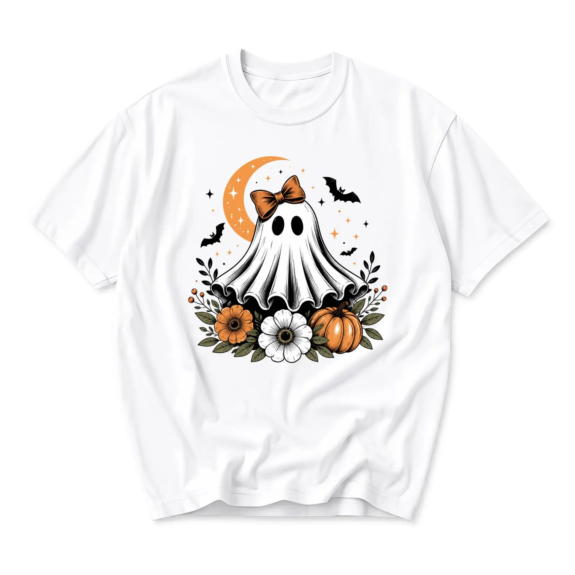 Graphic Tee Ghost with Bow Pumpkin Floral Halloween Design Unisex Crew Neck Short Sleeve Soft Casual Cotton T-Shirt