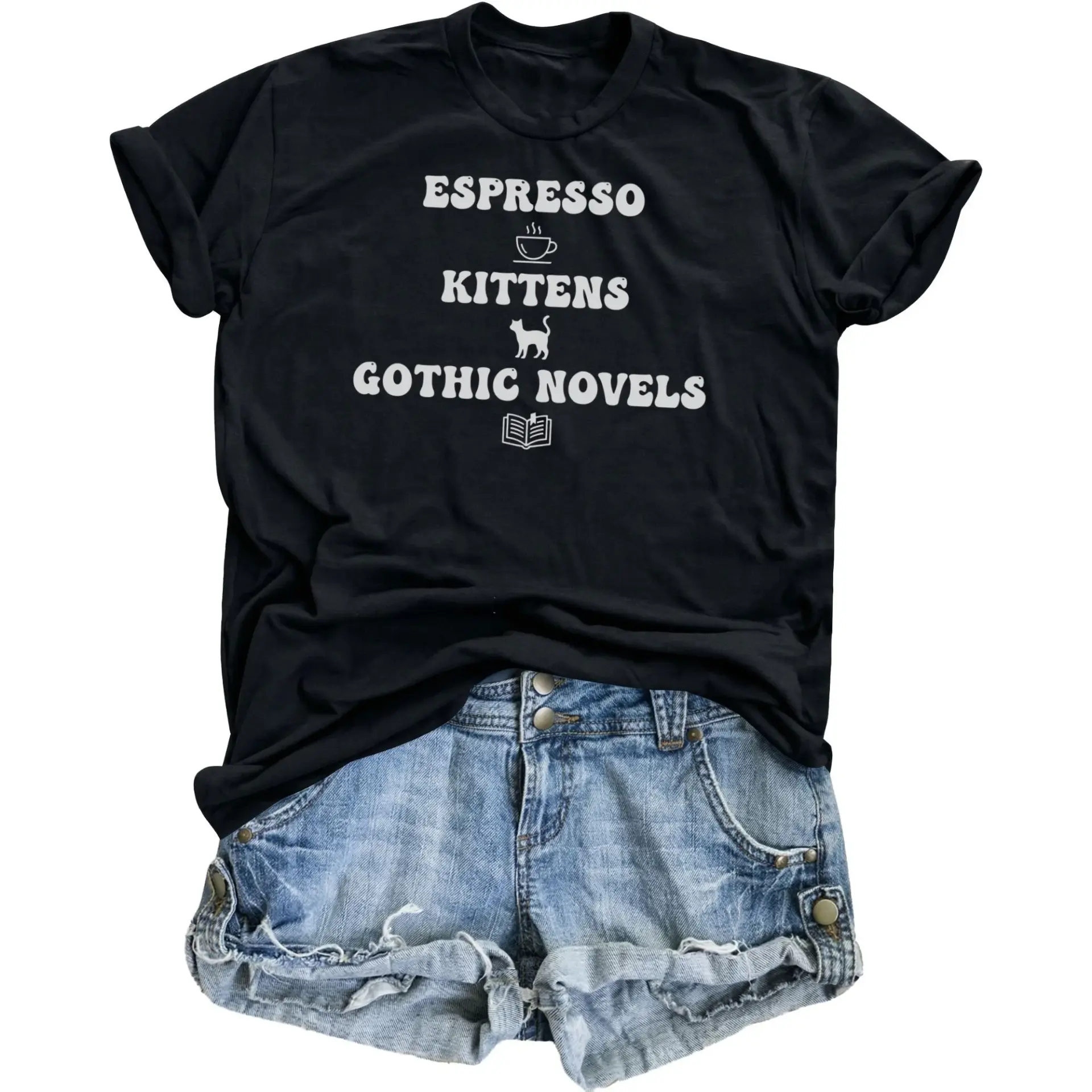 Graphic Tee Espresso Kittens and Gothic Novels Unisex Crew Neck T-Shirt Casual Soft Everyday Apparel Gift