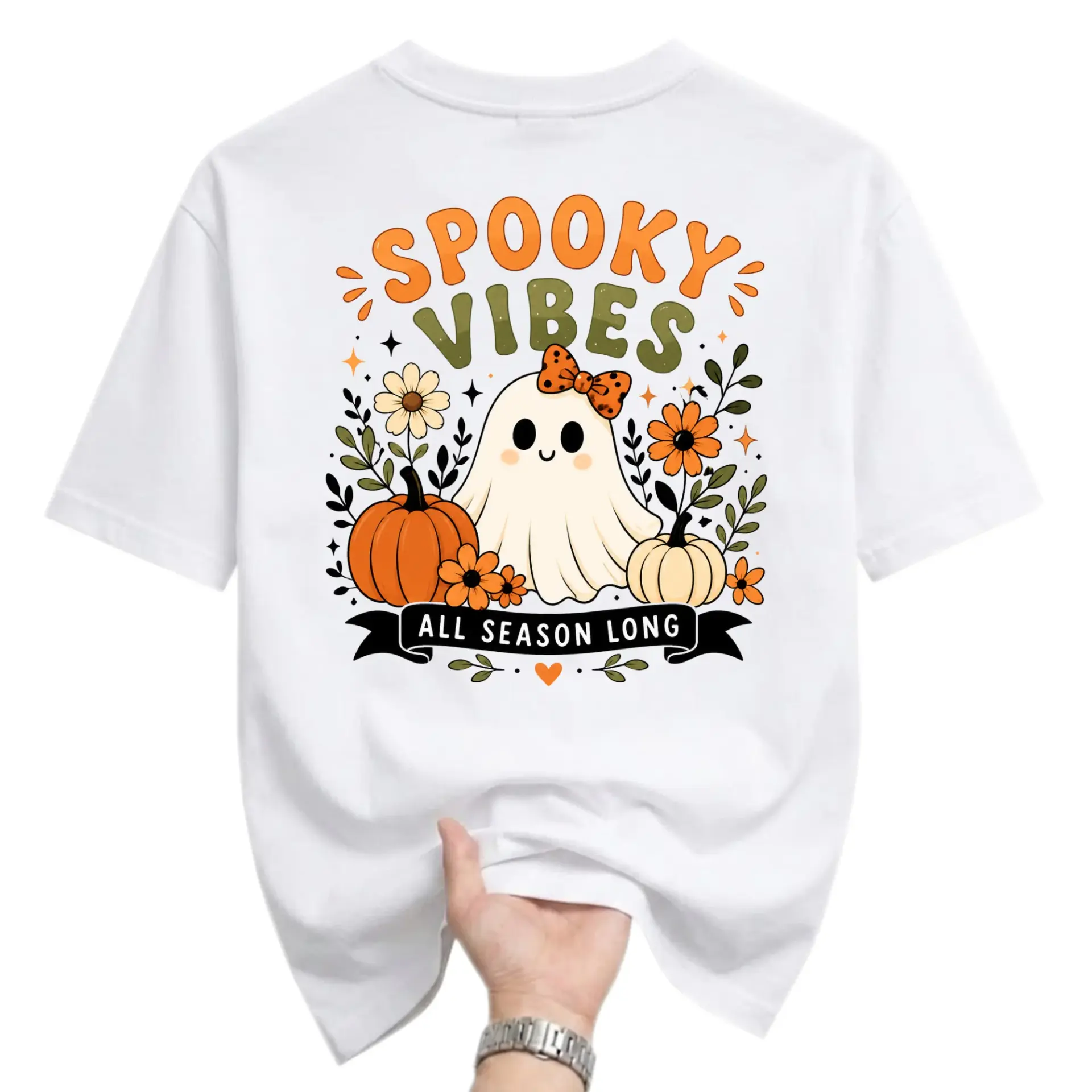 Graphic Tee Spooky Vibes Ghost with Pumpkins Floral Print Unisex Cotton Blend Crew Neck Short Sleeve Casual Shirt