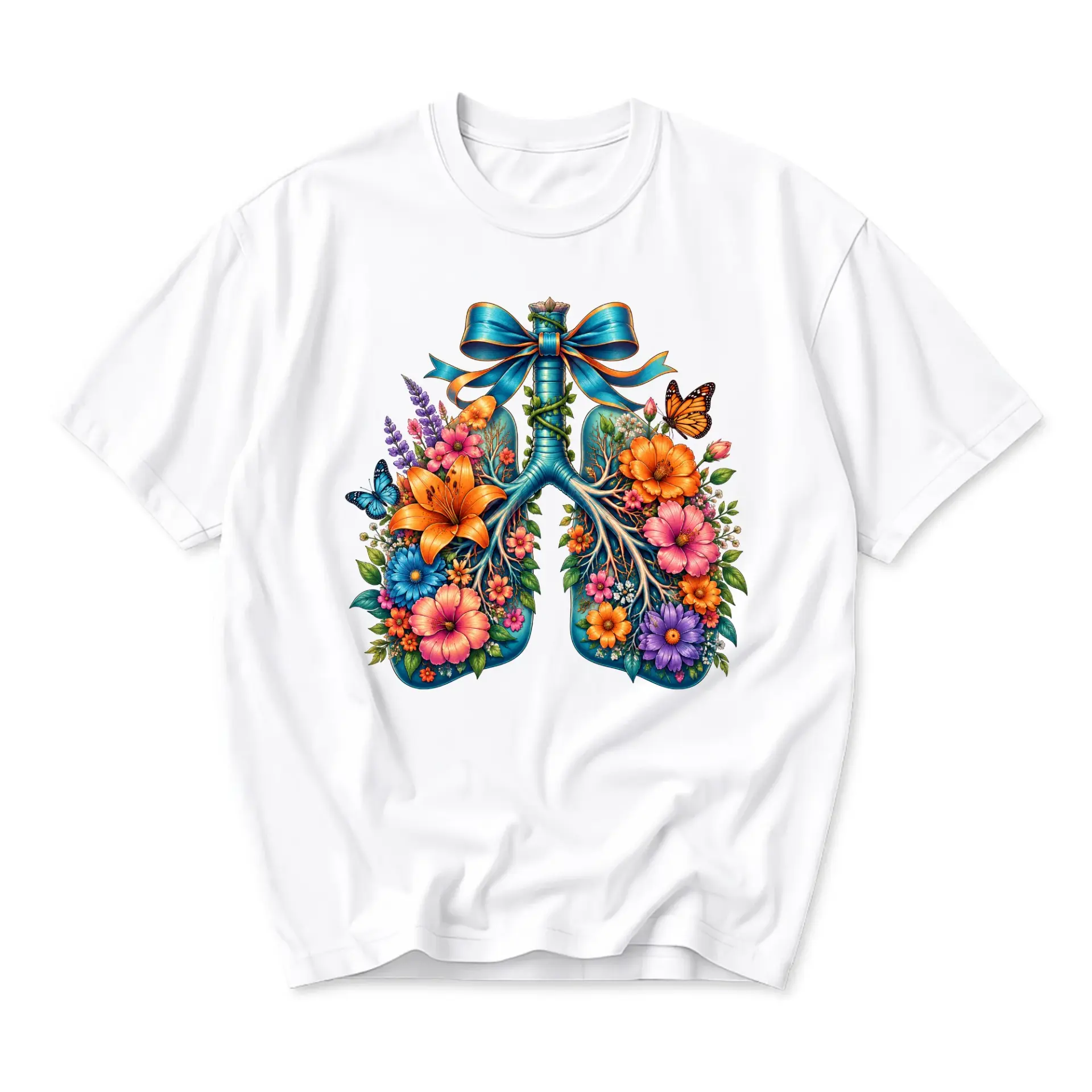 Graphic Tee Floral Lungs Art Print Casual Unisex Crew Neck T-Shirt Comfortable Everyday Wear Breathable Cotton Blend Top