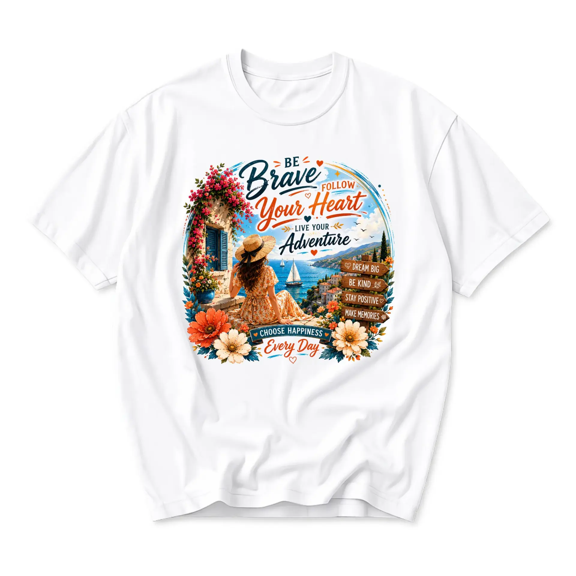 Graphic Tee Be Brave Follow Your Heart Coastal Scene Illustration Short Sleeve Unisex Casual Summer Travel Apparel