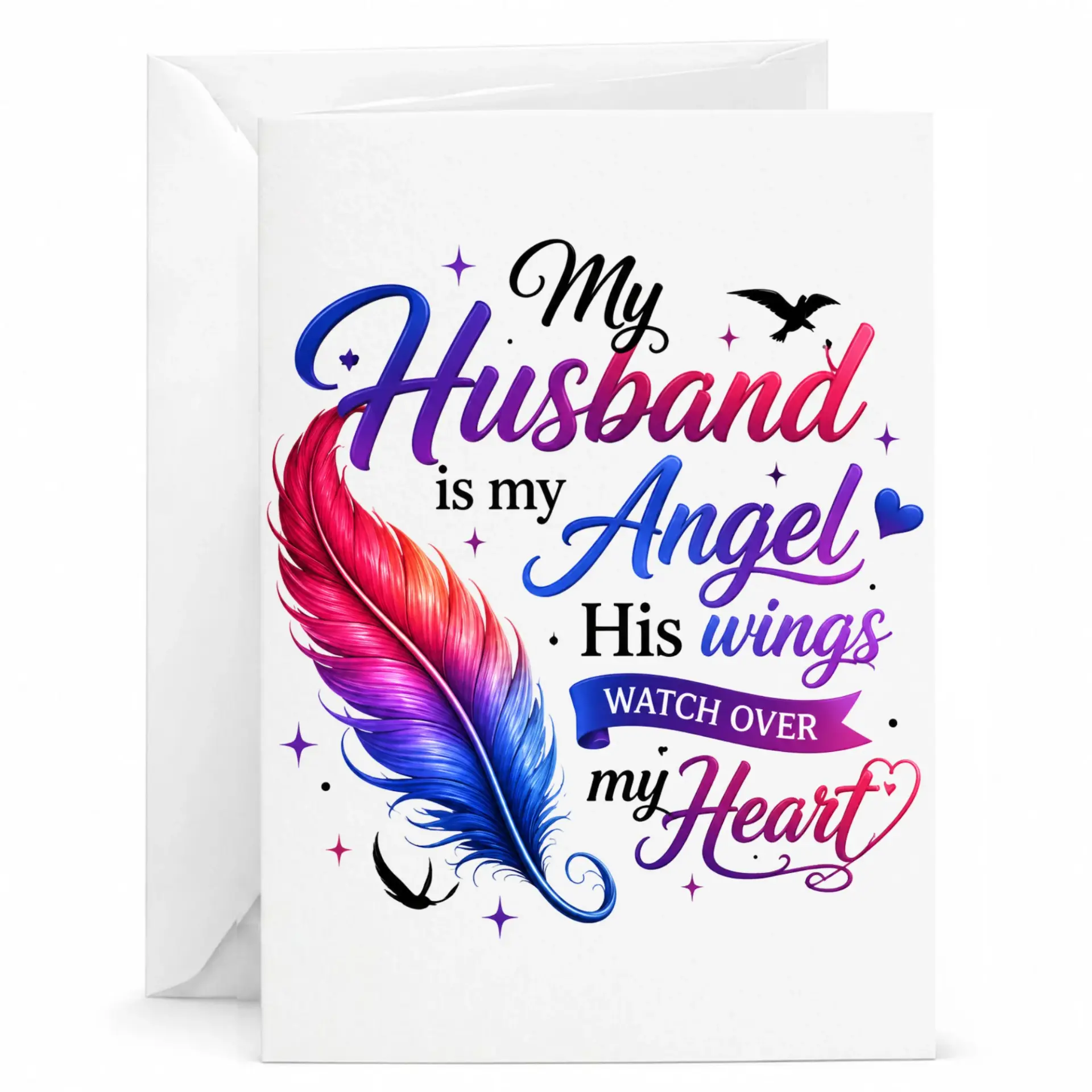Greeting Card My Husband Is My Angel Romantic Sentiment Feather Design with White Envelope for Special Occasion