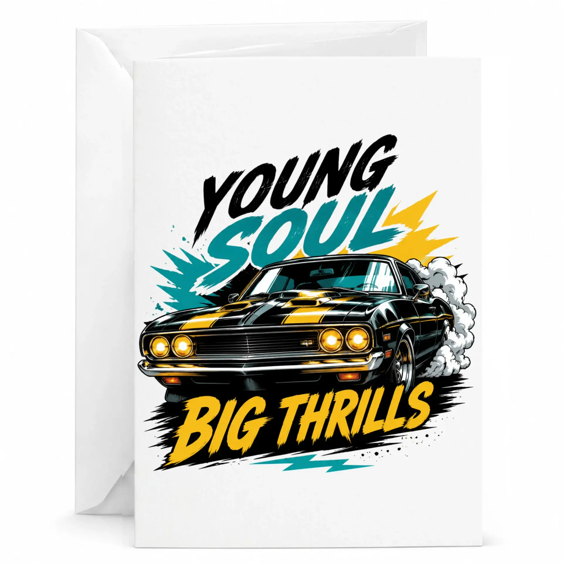 Greeting Card Young Soul Big Thrills Vintage Muscle Car Design Masculine Enthusiast Stationary for Various Occasions