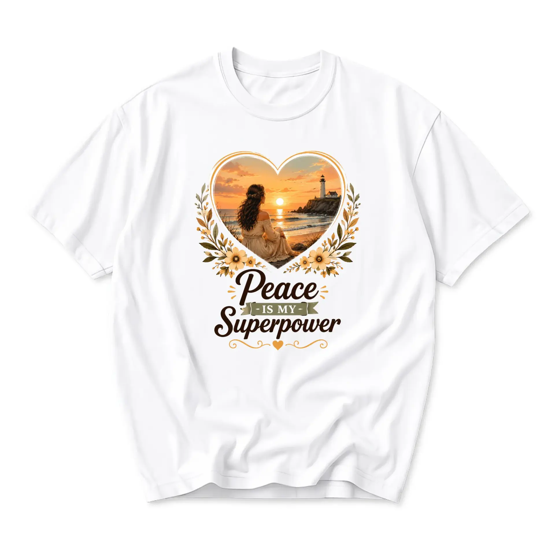 Graphic Tee Peace Is My Superpower Inspirational Quote Lighthouse Coastal Sunset Nature Art Print Unisex Crew Neck Shirt