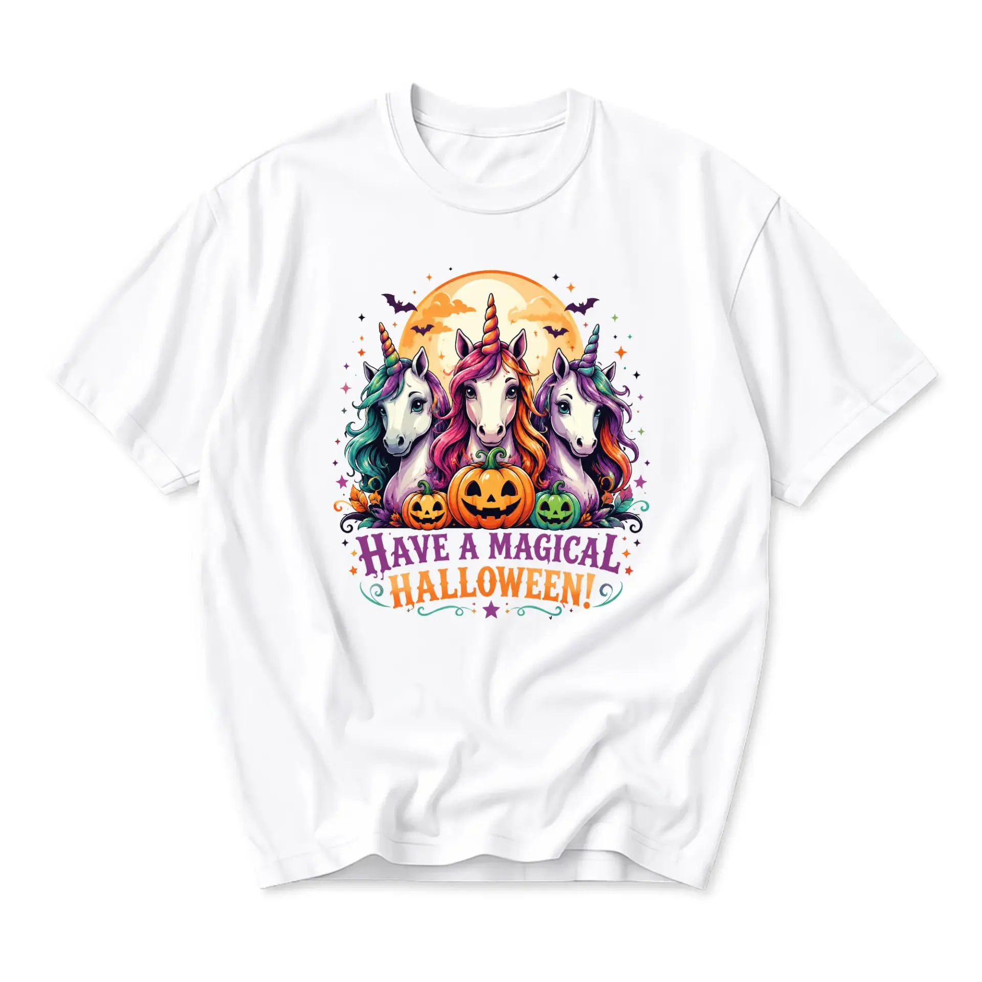 Funny Shirt Have a Magical Halloween Graphic Tee with Three Colorful Unicorns and Jack O Lantern Pumpkins Print