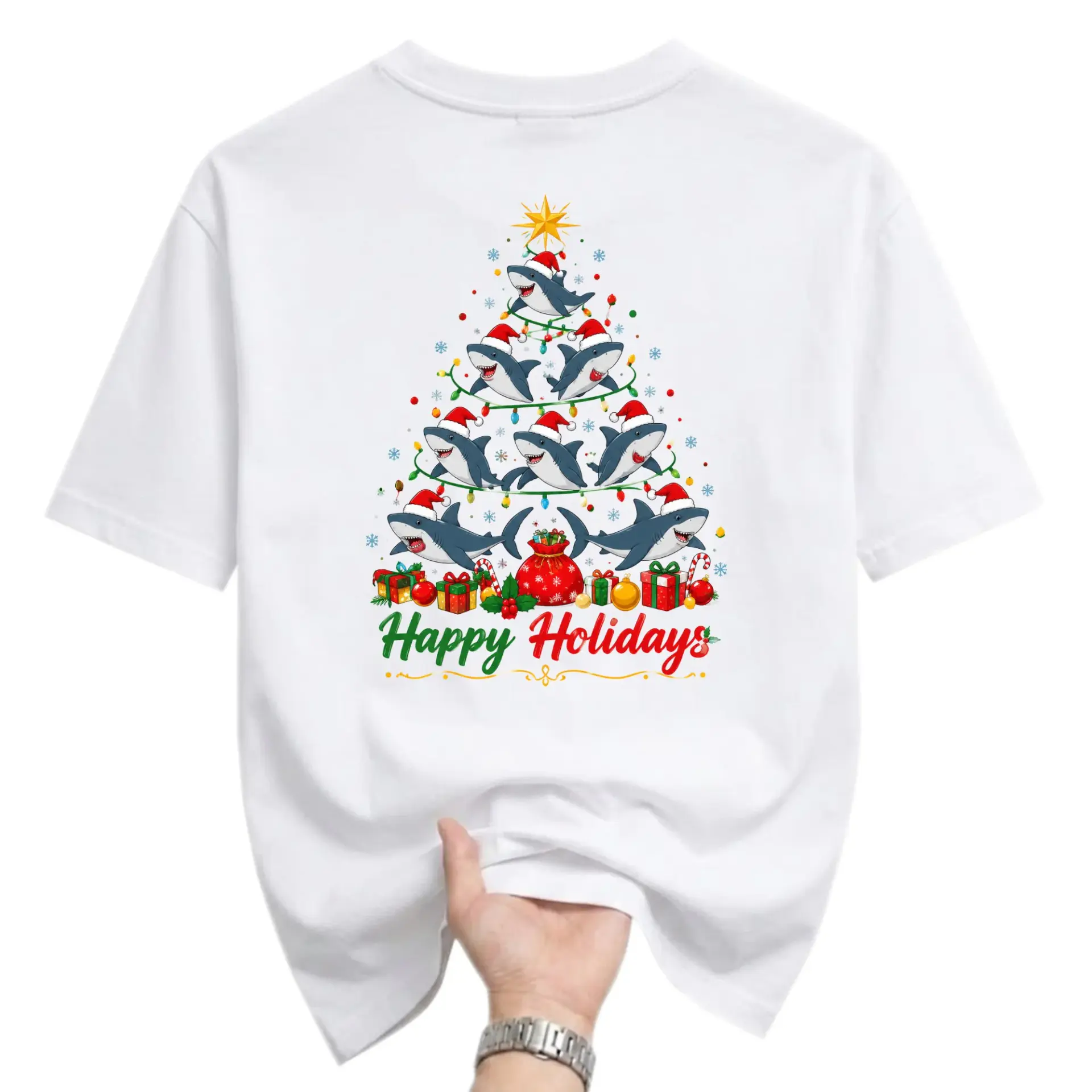Graphic Tee Happy Holidays Shark Christmas Tree Print Unisex Crew Neck