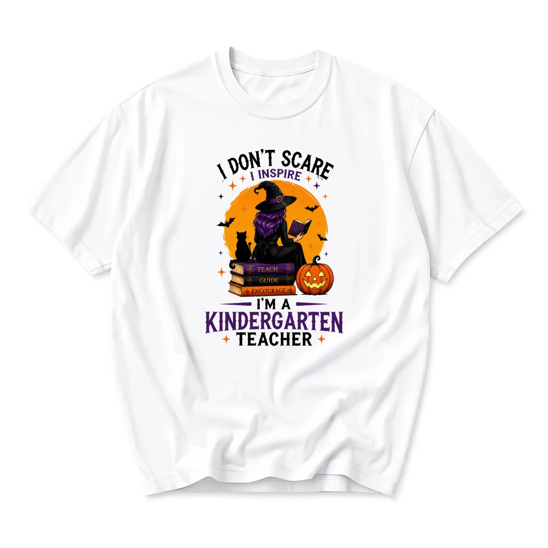 Funny Shirt I Don’t Scare I Inspire Kindergarten Teacher Halloween Graphic Tee Unisex Casual Crew Neck Apparel