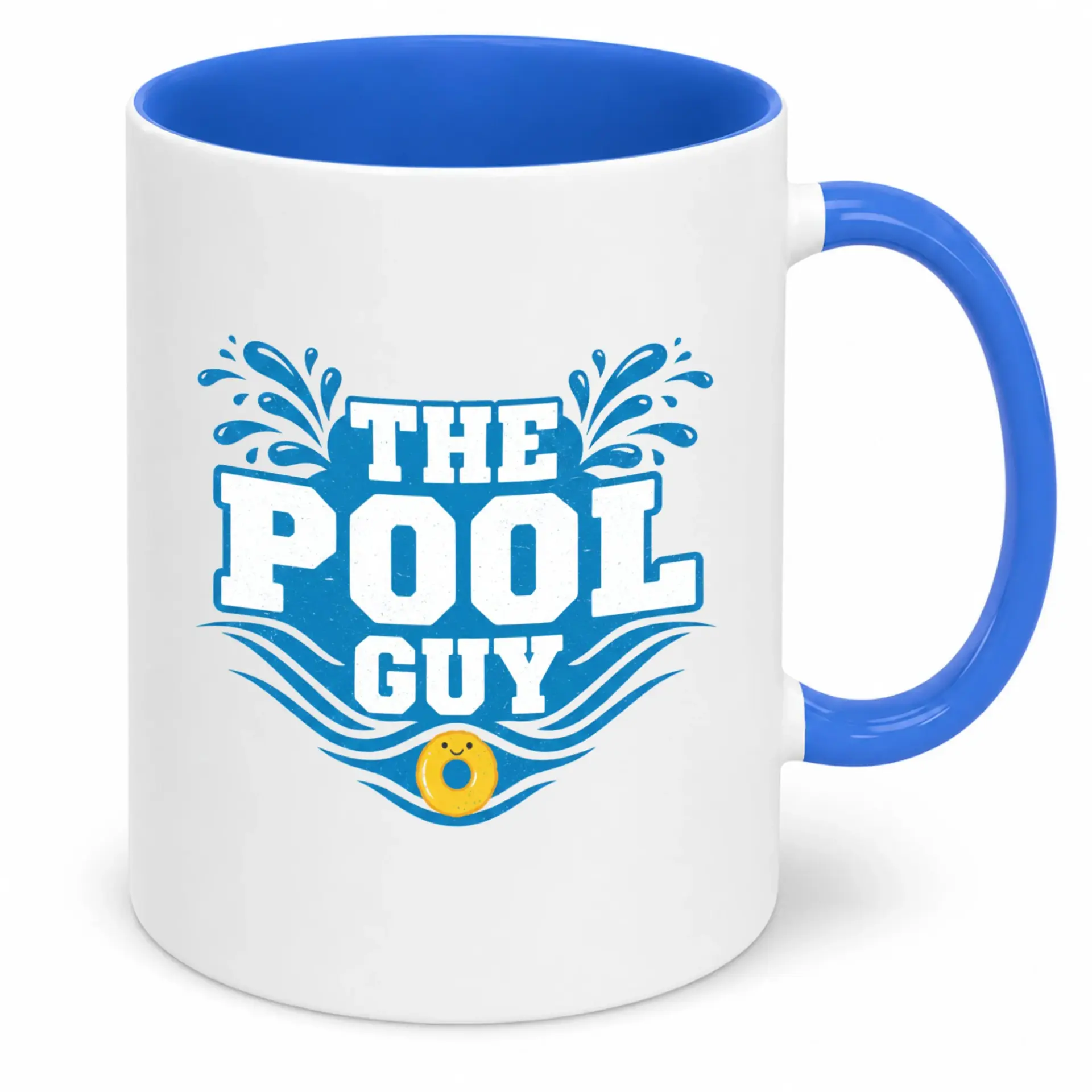 Funny Ceramic Coffee Mug the Pool Guy Design, 11oz or 15oz White Drinkware, Blue Handle and Interior, Ideal Gift for Pool Maintenance