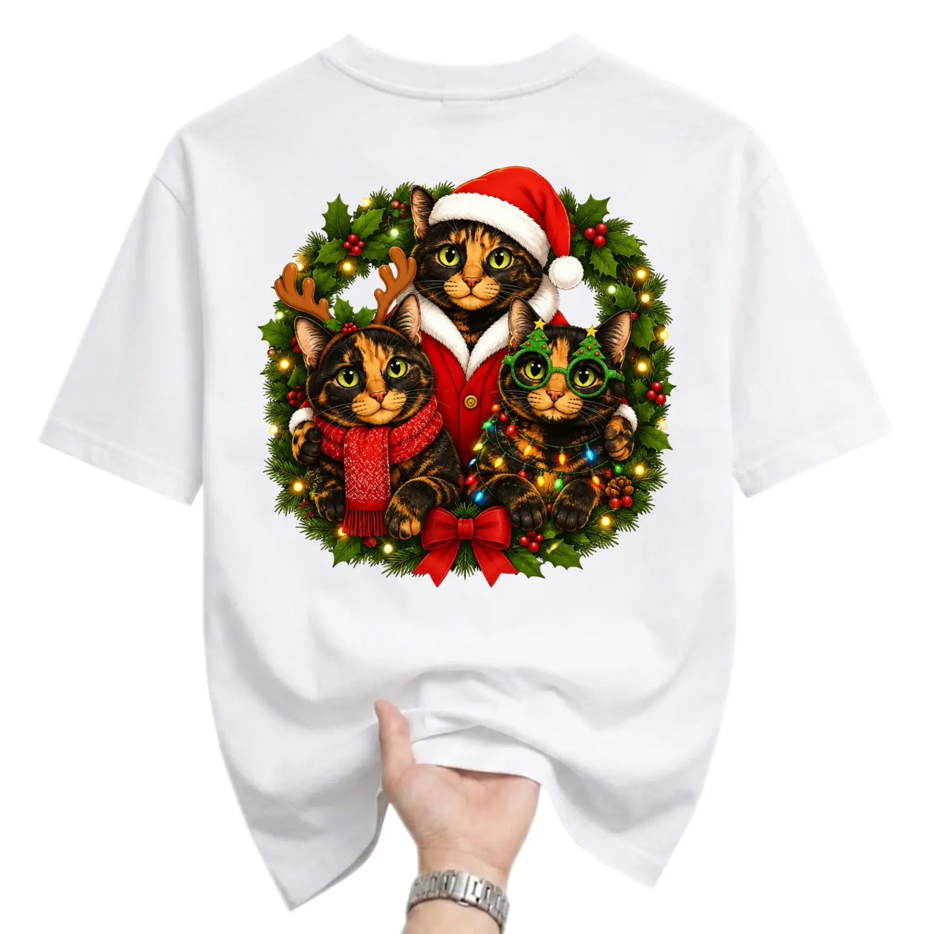 Graphic Tee Christmas Cat Wreath Unisex T-Shirt Holiday Theme Casual Everyday Apparel Festive Feline Crew Neck Shirt