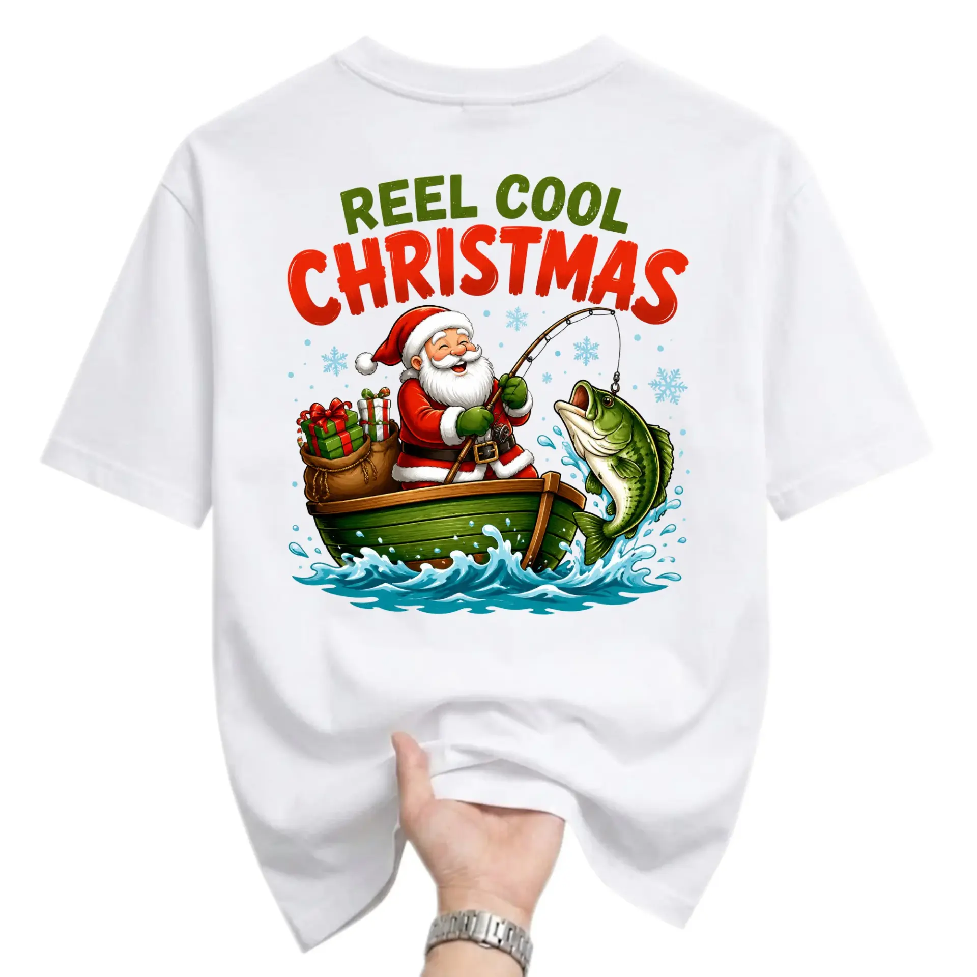 Funny Shirt Reel Cool Christmas Santa Claus Fishing Graphic Tee Unisex Short Sleeve Crew Neck Holiday Casual Apparel